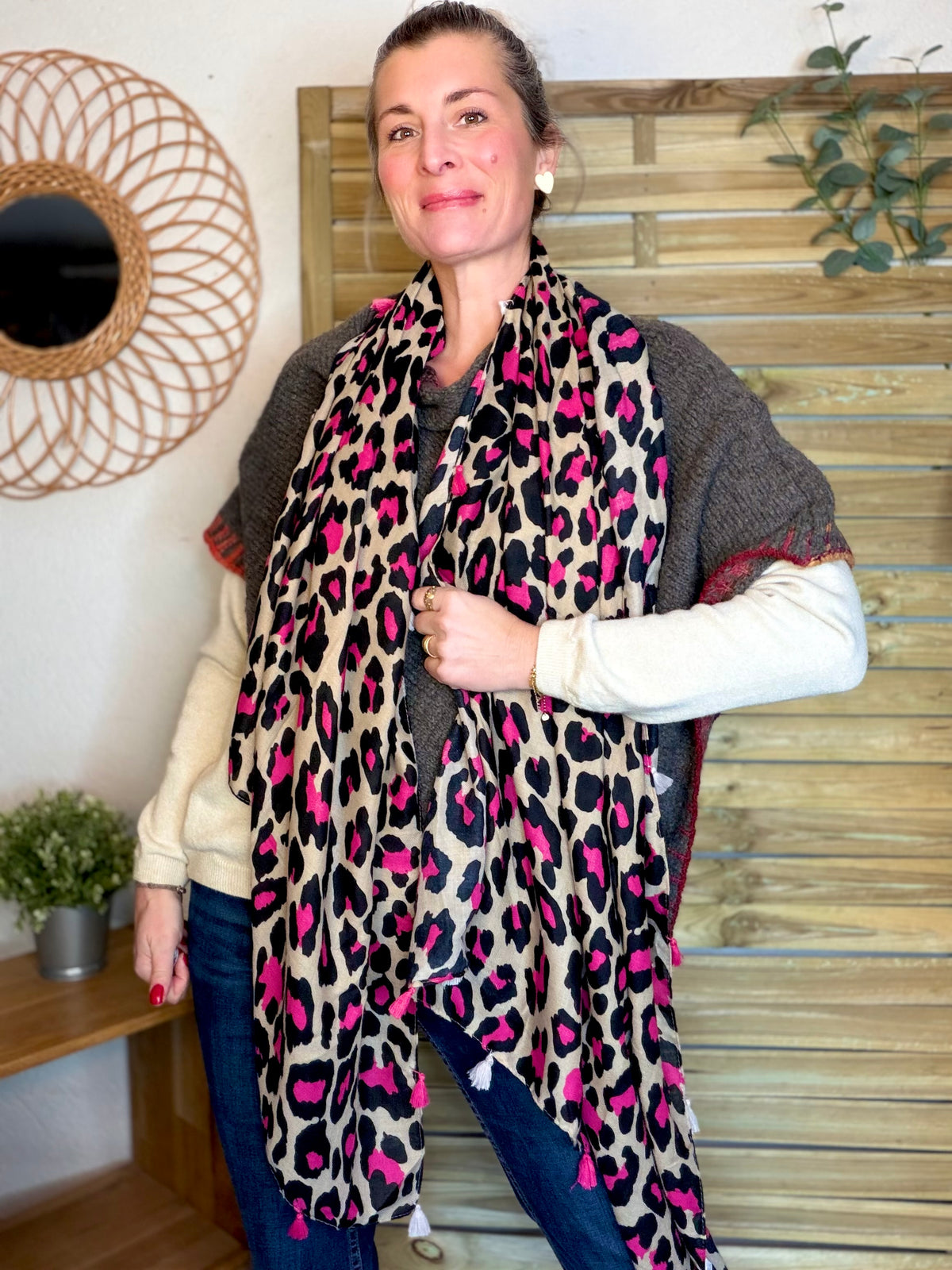 Foulard Léo CLEM - Beige / Fuschia 🐆