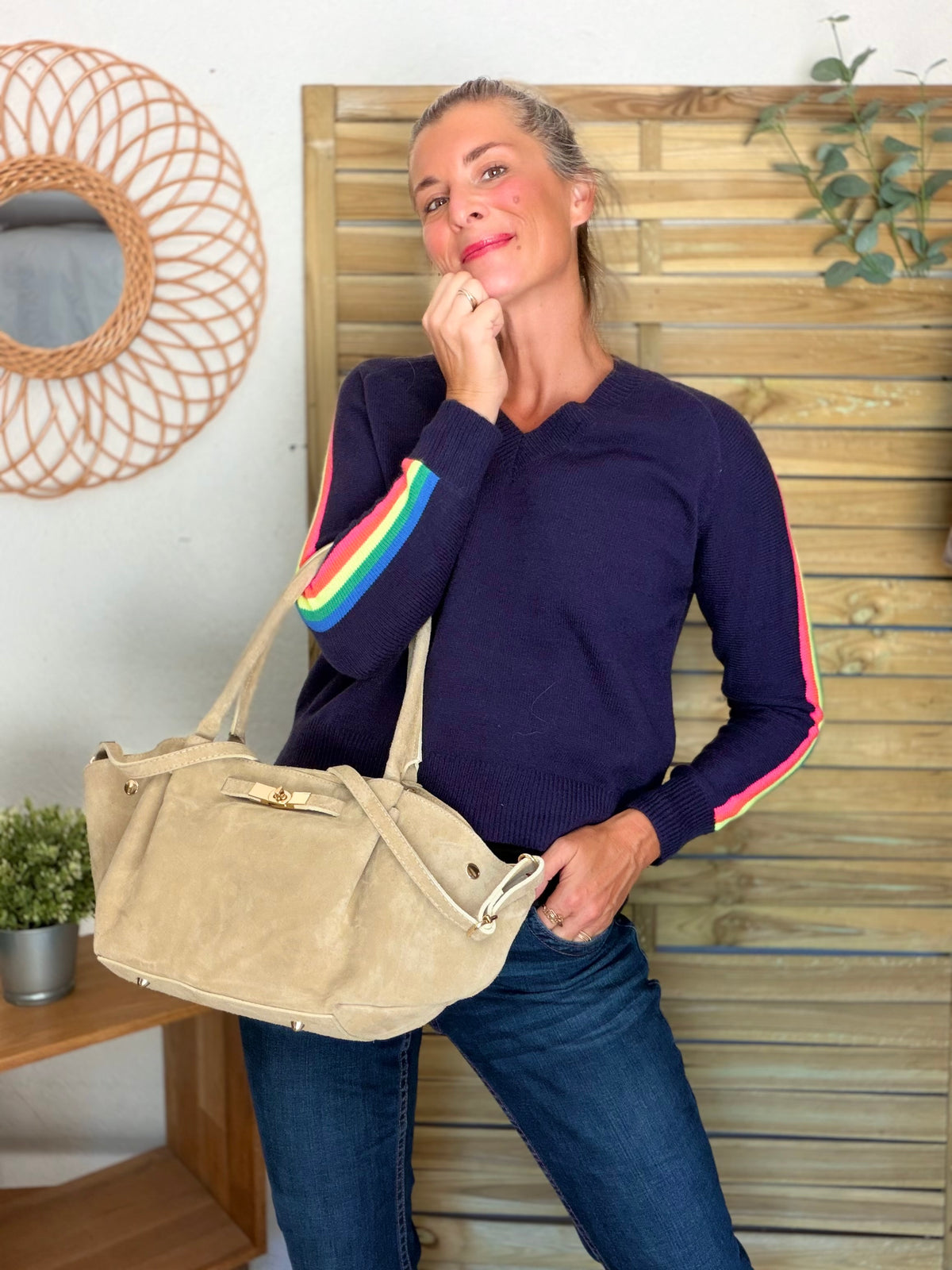 Sac cabas en cuir daim HANA - Beige