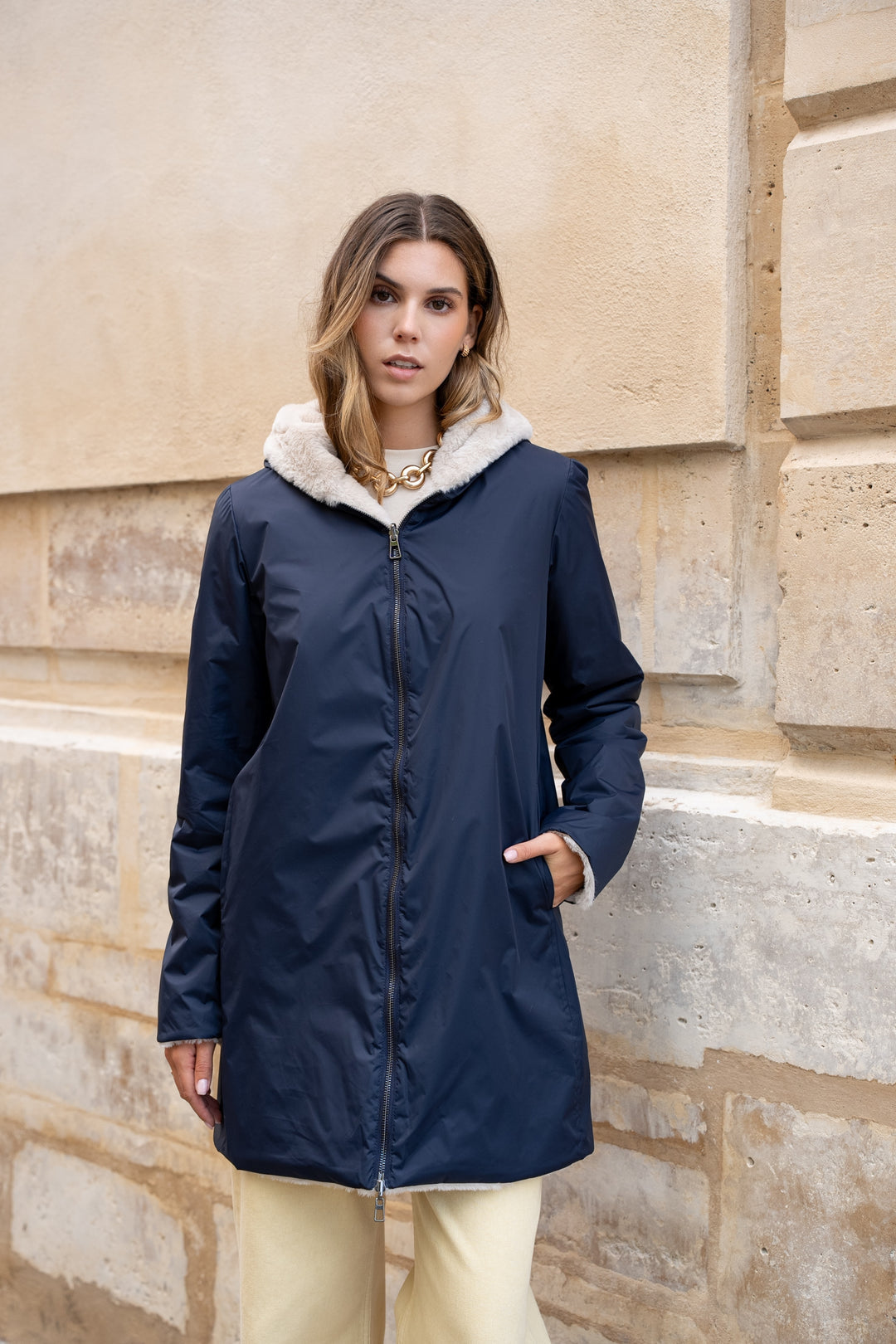 LAURA JO - Parka Imperméable réversible fourrée Bleu marine / Beige ALIX Long