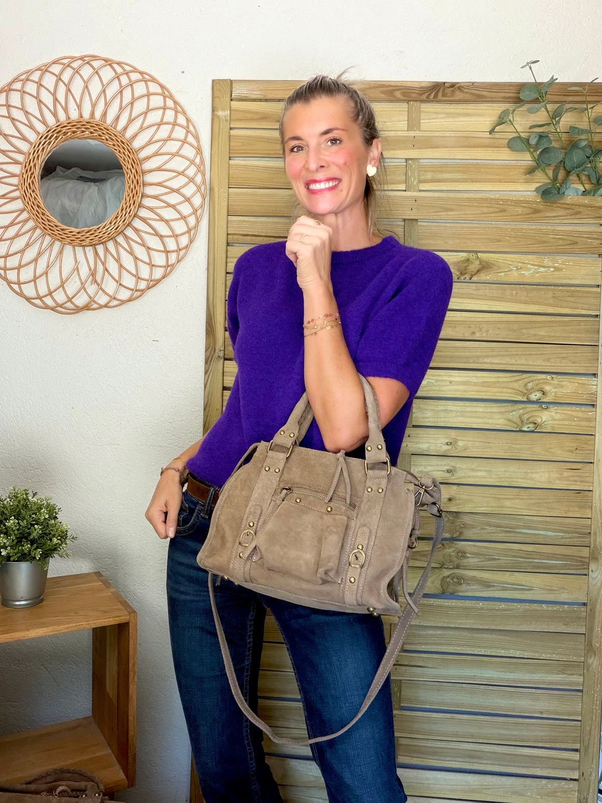 Sac à main en cuir daim • HUNTER Petit format - Taupe