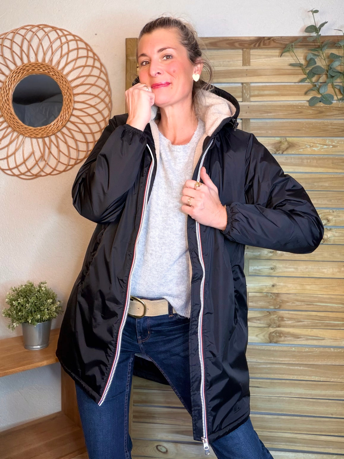 LAURA JO - Parka Imperméable LOUISE LONG Sherpa écru - Noir • DÉSTOCKAGE sur Taille L