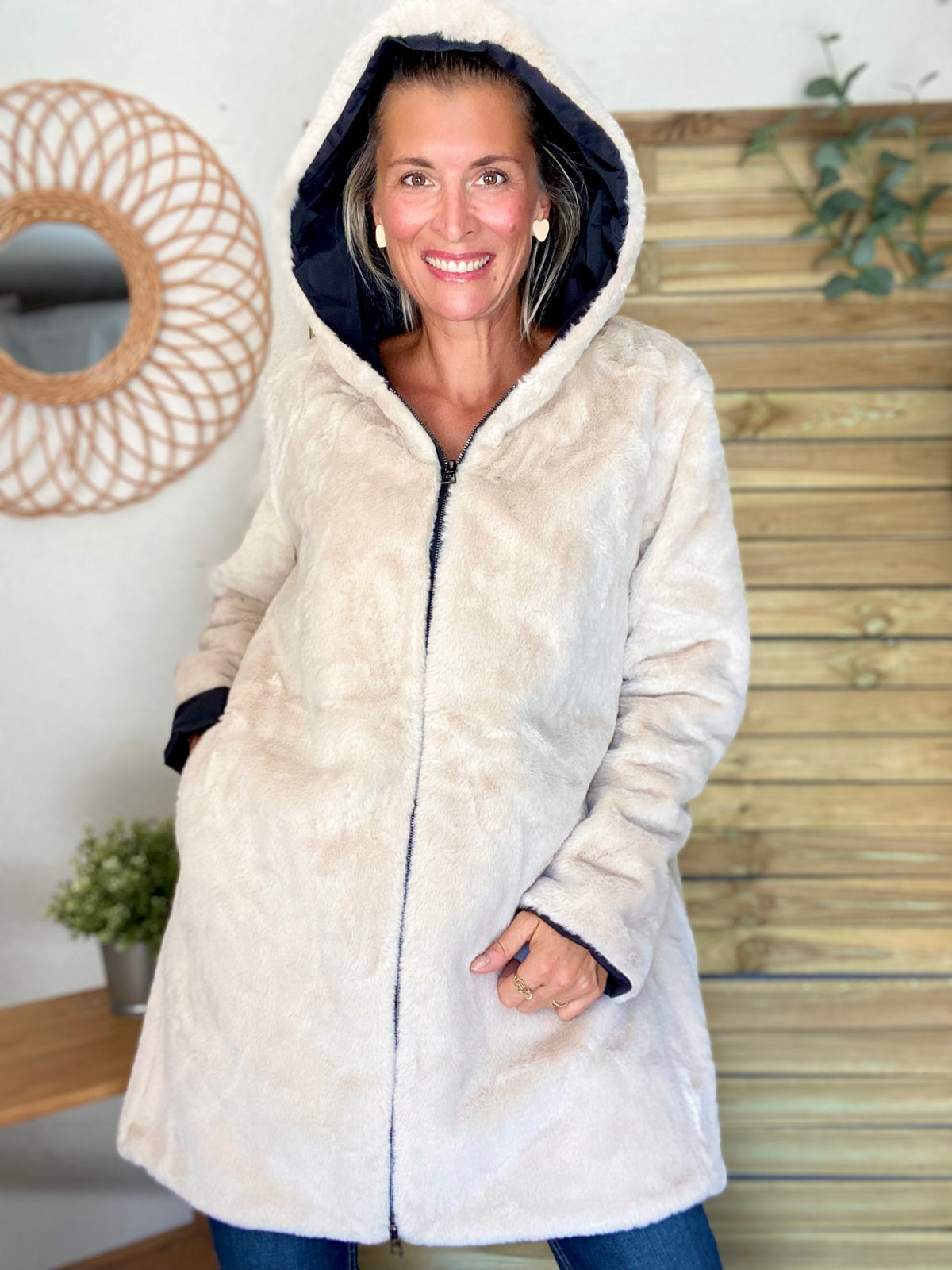 LAURA JO - Parka Imperméable réversible fourrée Noir / Beige ALIX long