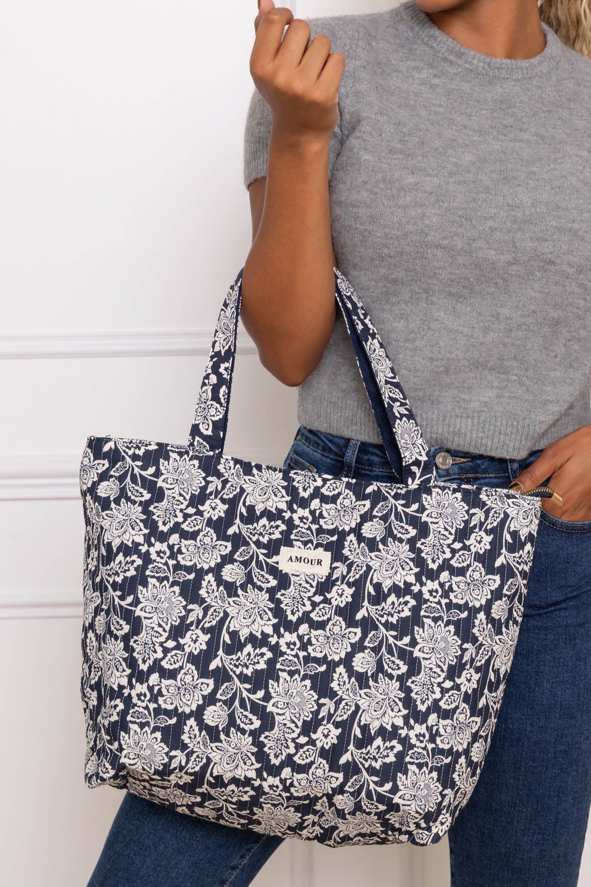 Sac cabas imprimé PIERCE - fleuri marine - FIN DE SÉRIE