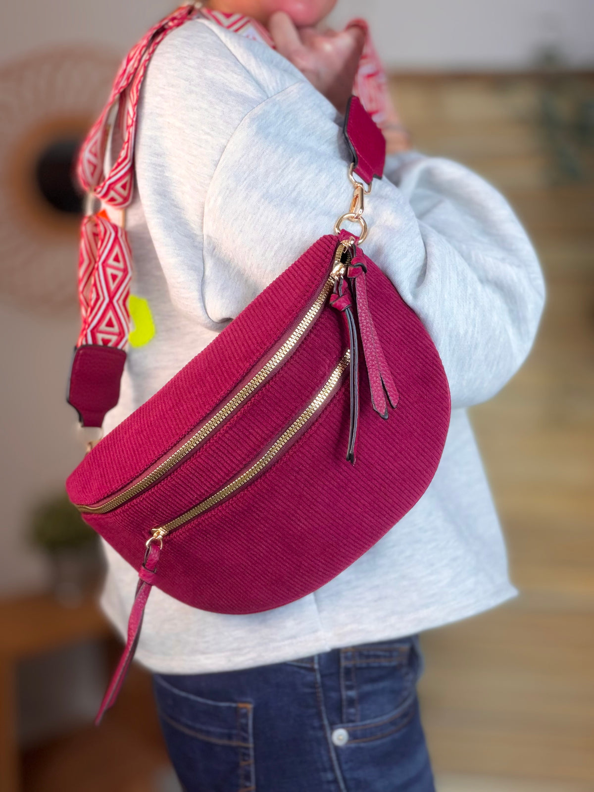 Sac banane en velours côtelé, sangle fantaisie - KATY - Bordeaux - FIN DE SÉRIE