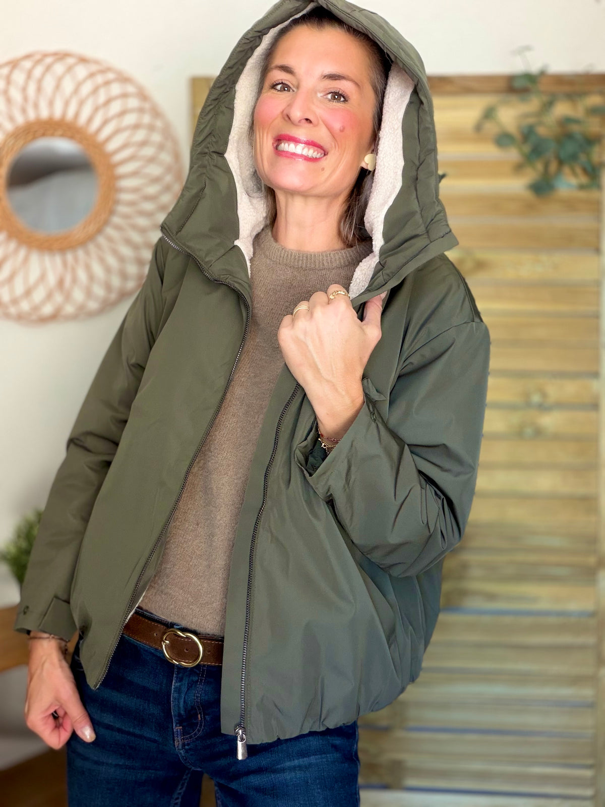 LAURA JO - Imperméable fourré sherpa EVA court - Kaki