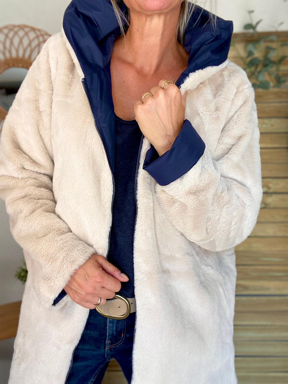 LAURA JO - Parka Imperméable réversible fourrée Bleu marine / Beige ALIX Long