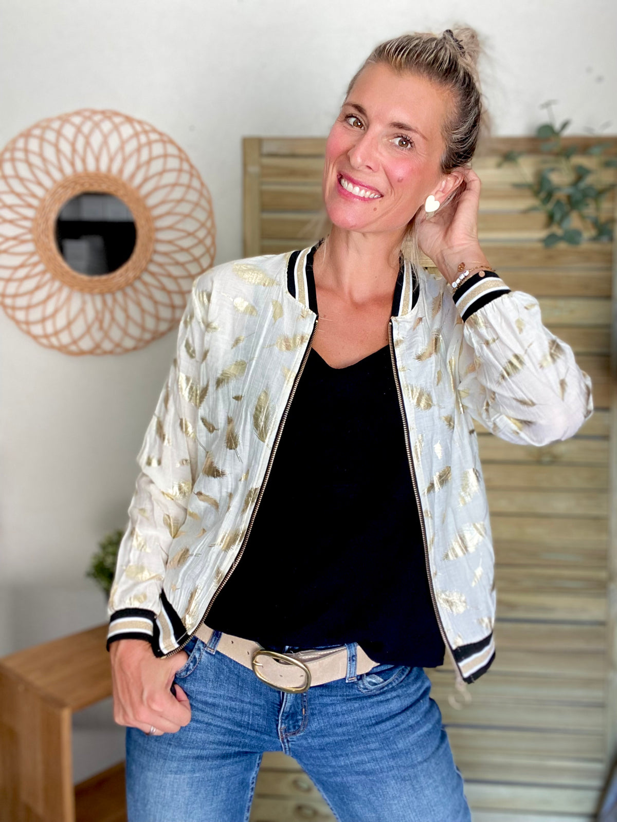 Veste bombers léger EMILY - imprimé Doré Écru (plumes) - FIN DE SÉRIE