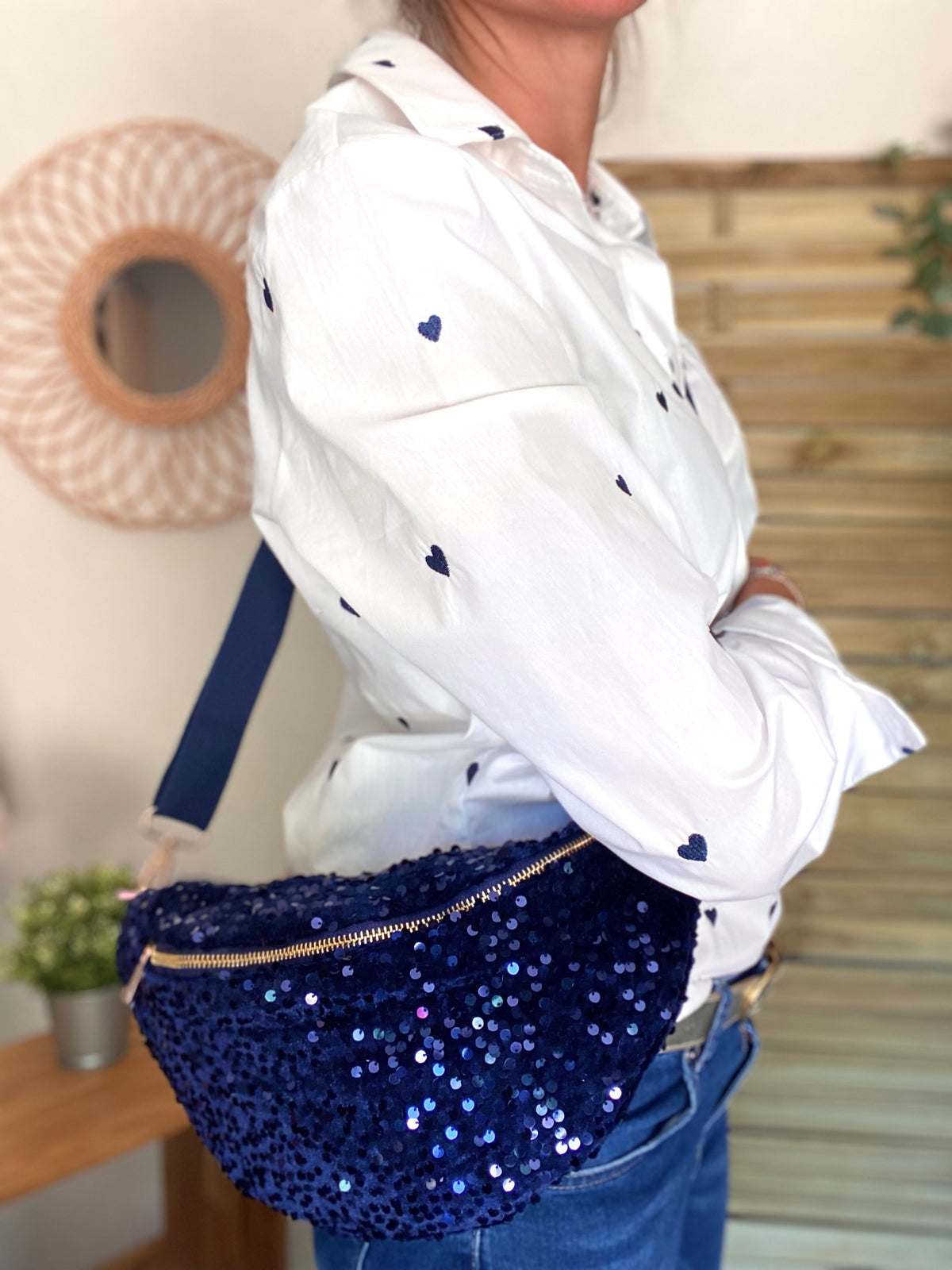 Sac banane L velours à sequins Ciao Boum - TAYLOR - Bleu marine