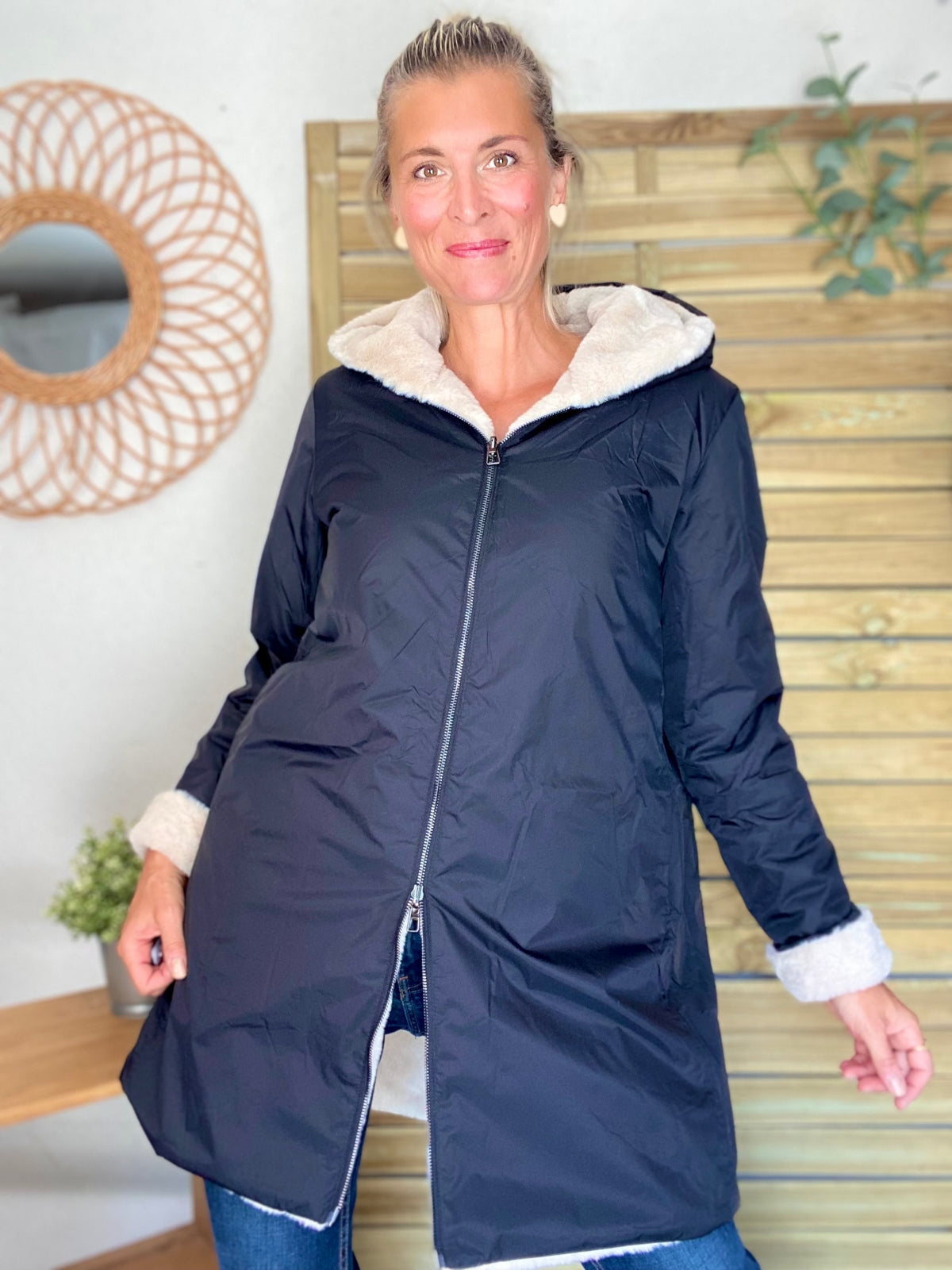 LAURA JO - Parka Imperméable réversible fourrée Noir / Beige ALIX long