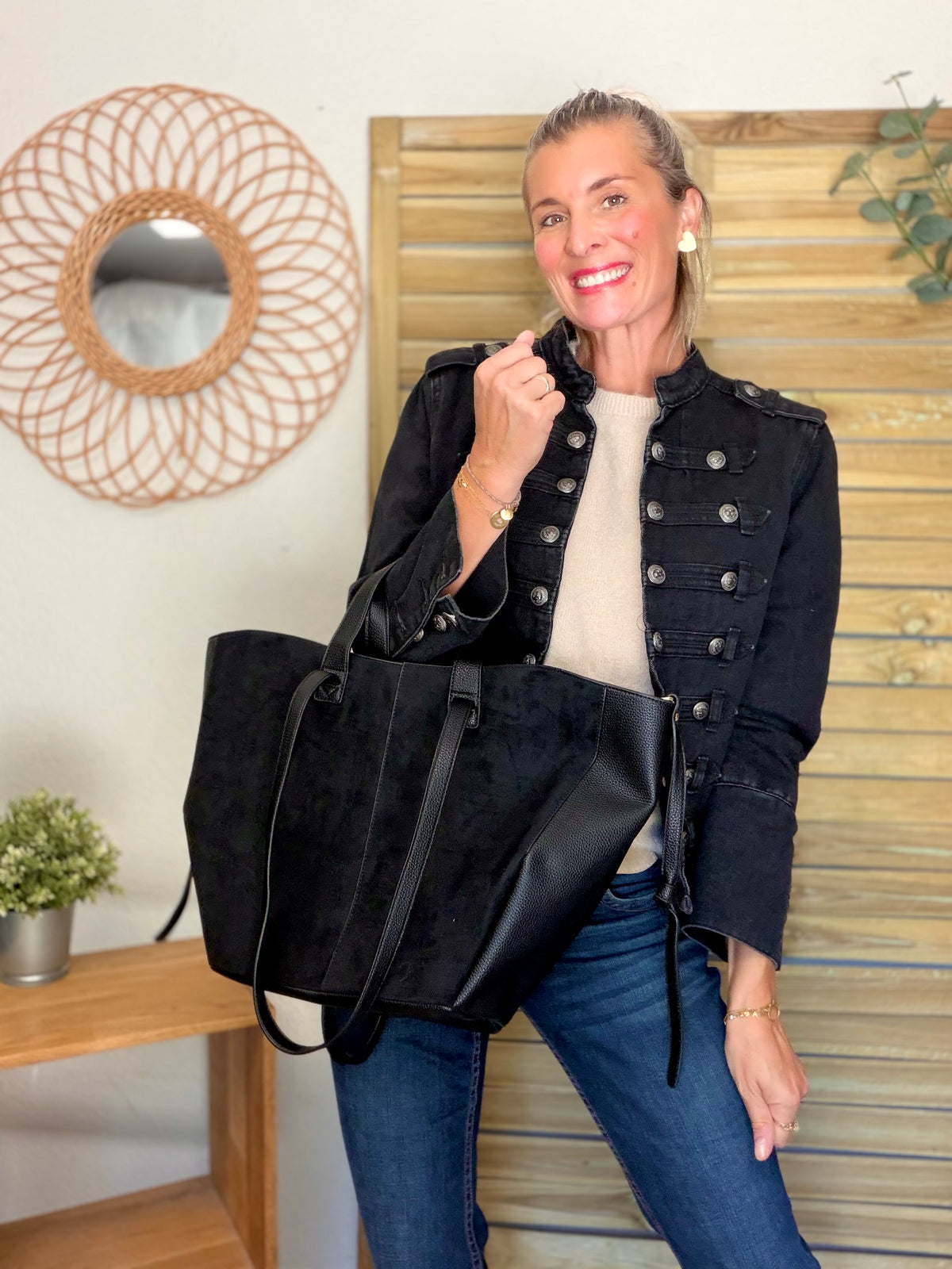 Grand Sac cabas 2 en 1 en simili daim - LAURÈNE Noir