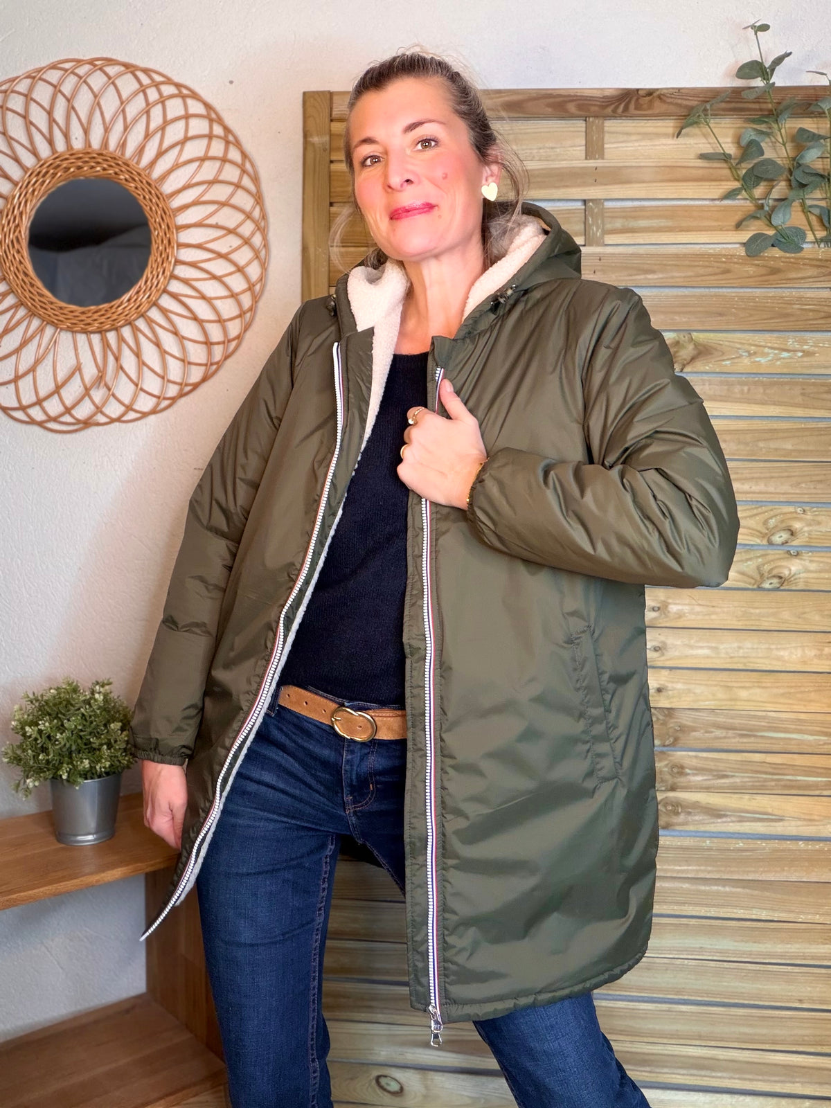 LAURA JO - Parka Imperméable LOUISE LONG Sherpa écru - Kaki • DÉSTOCKAGE sur taille S