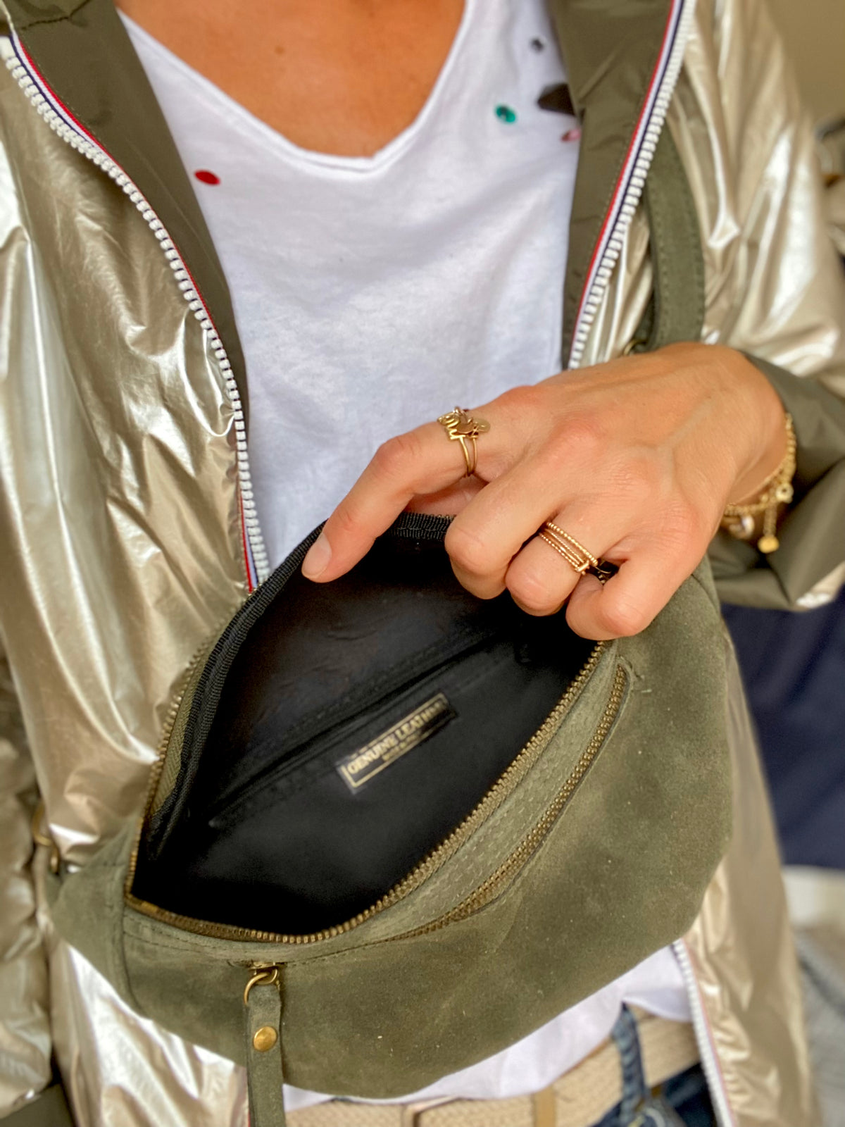 Sac banane double poche en cuir daim - OPALINE - Kaki foncé