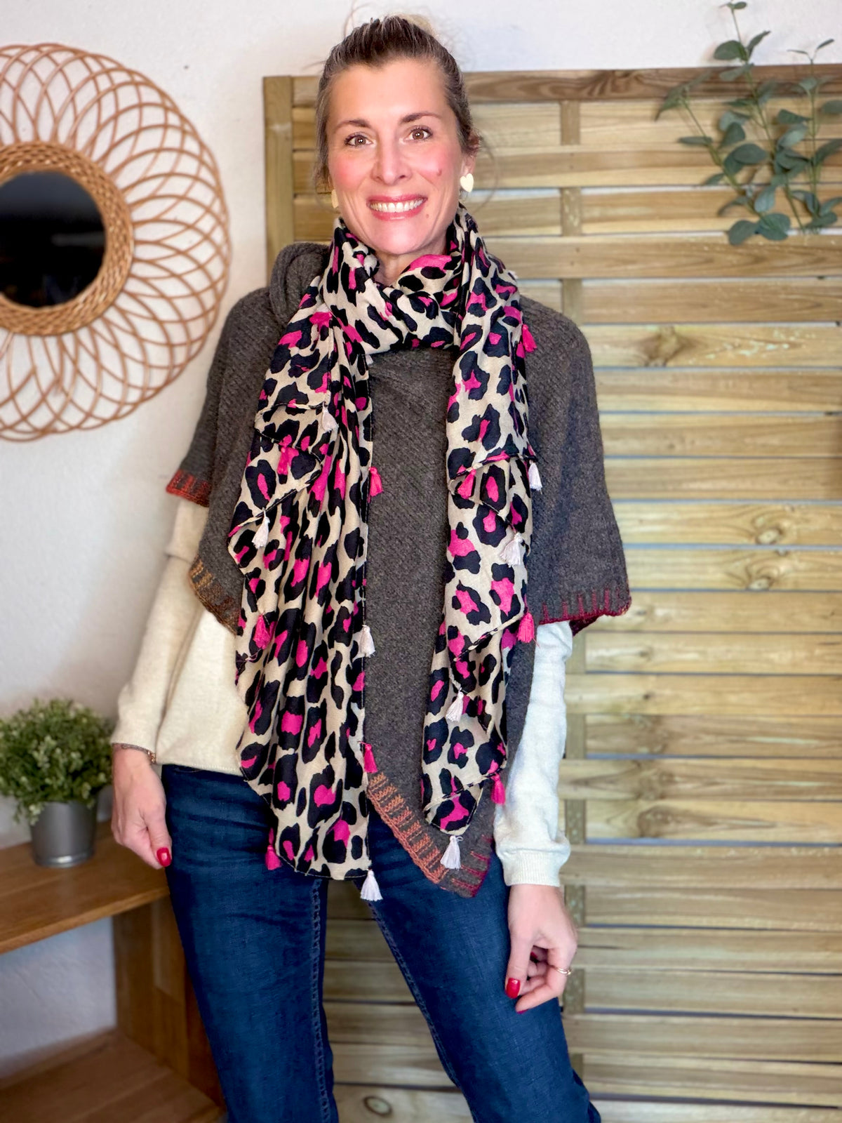 Foulard Léo CLEM - Beige / Fuschia 🐆