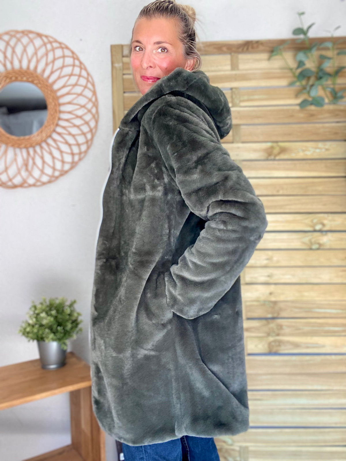 LAURA JO - Parka Imperméable réversible fourrée Kaki / Kaki ALIX Long • DÉSTOCKAGE sur Taille S