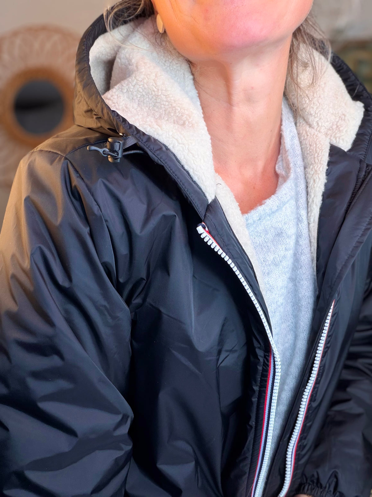LAURA JO - Parka Imperméable LOUISE LONG Sherpa écru - Noir • DÉSTOCKAGE sur Taille L