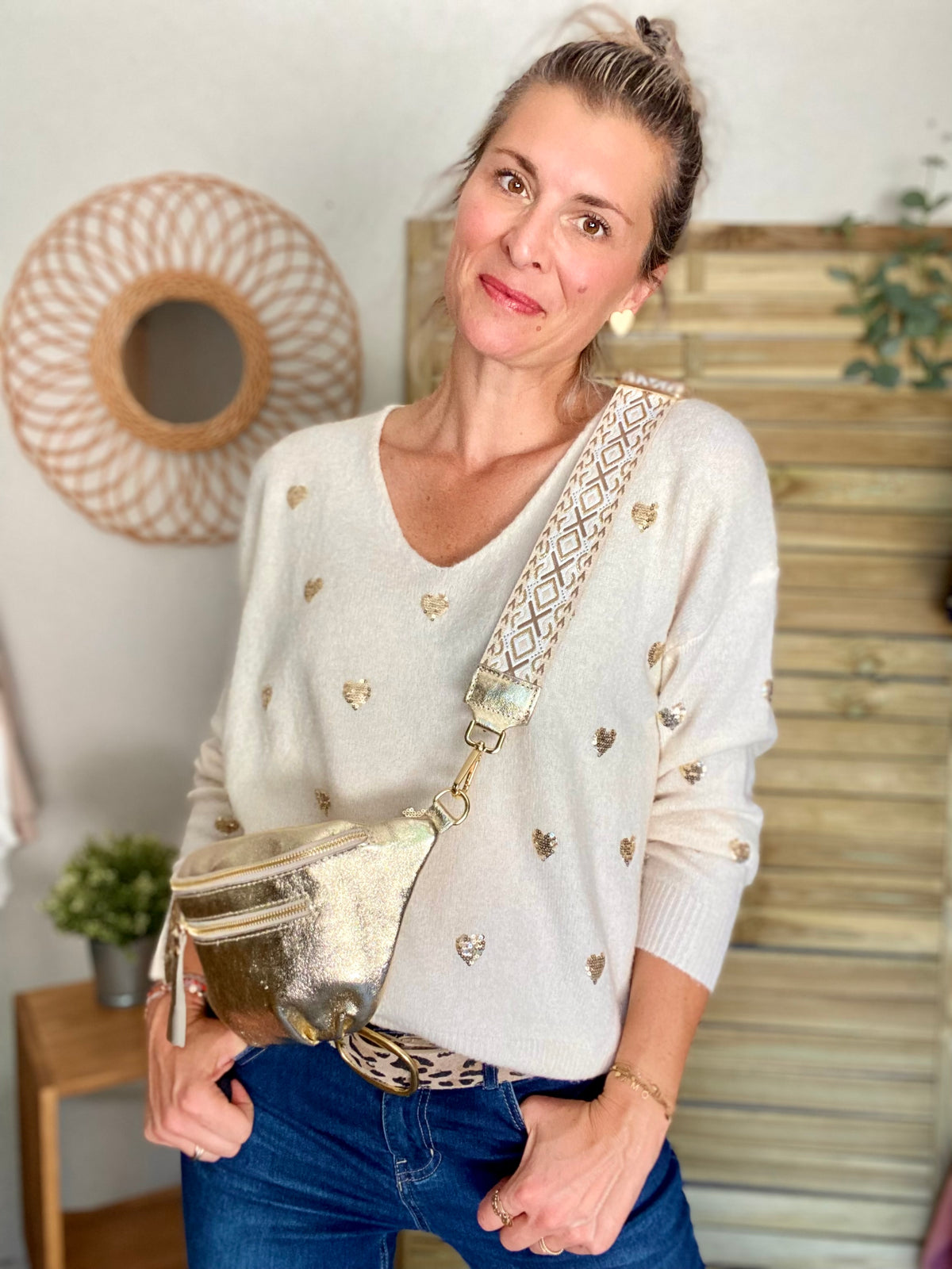 Sac banane en cuir irisé double poche - OPALE - Doré / argent