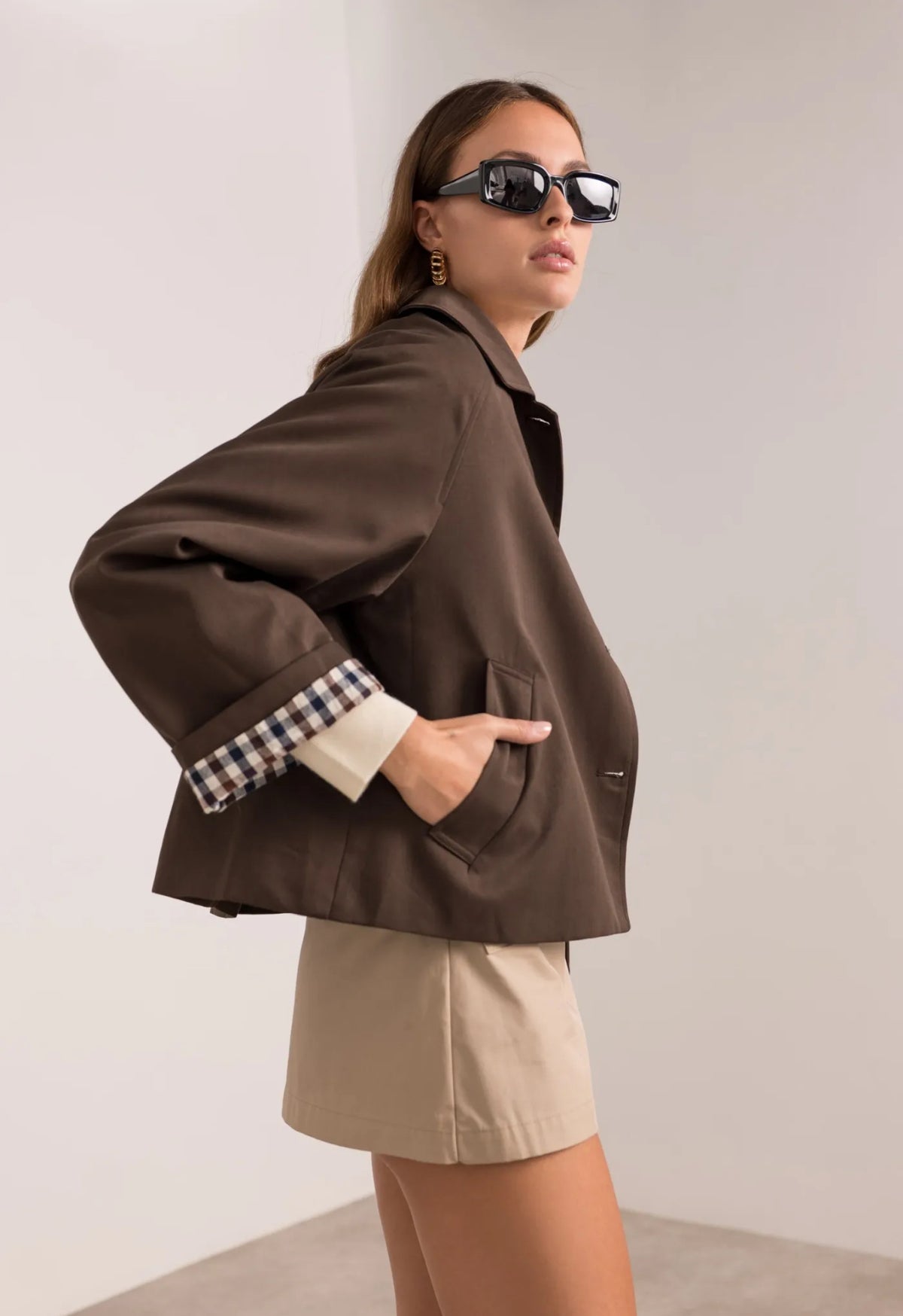 Veste Trench en coton, revers carreaux - YSEULT court Chocolat