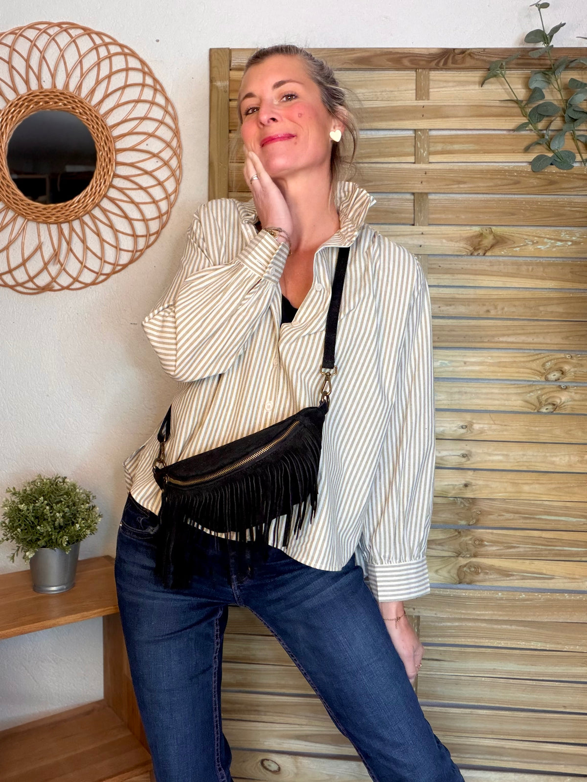 Chemise en coton rayée col victorien BRIGITTE - Kaki clair - FIN DE SÉRIE