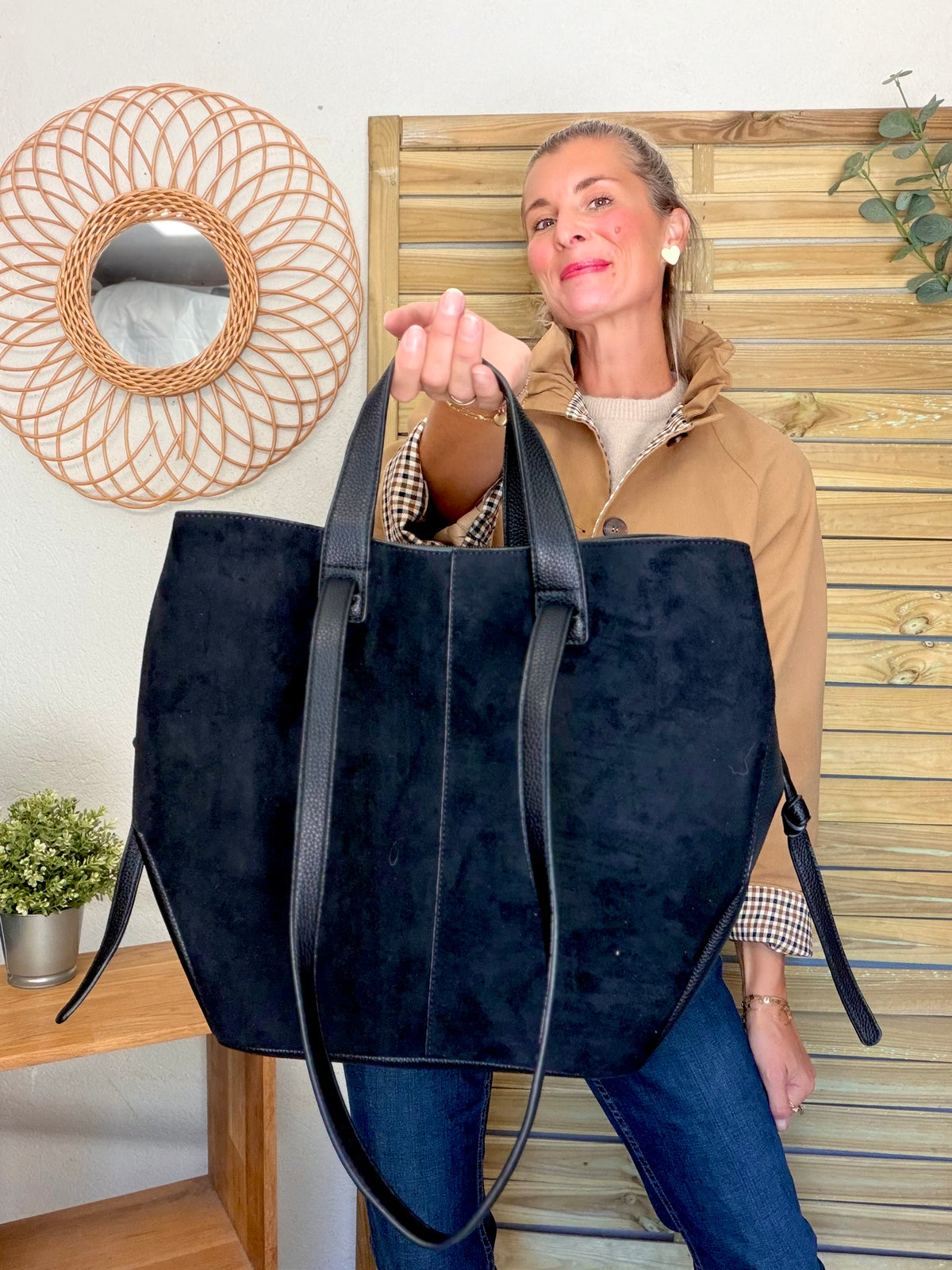 Grand Sac cabas 2 en 1 en simili daim - LAURÈNE Noir