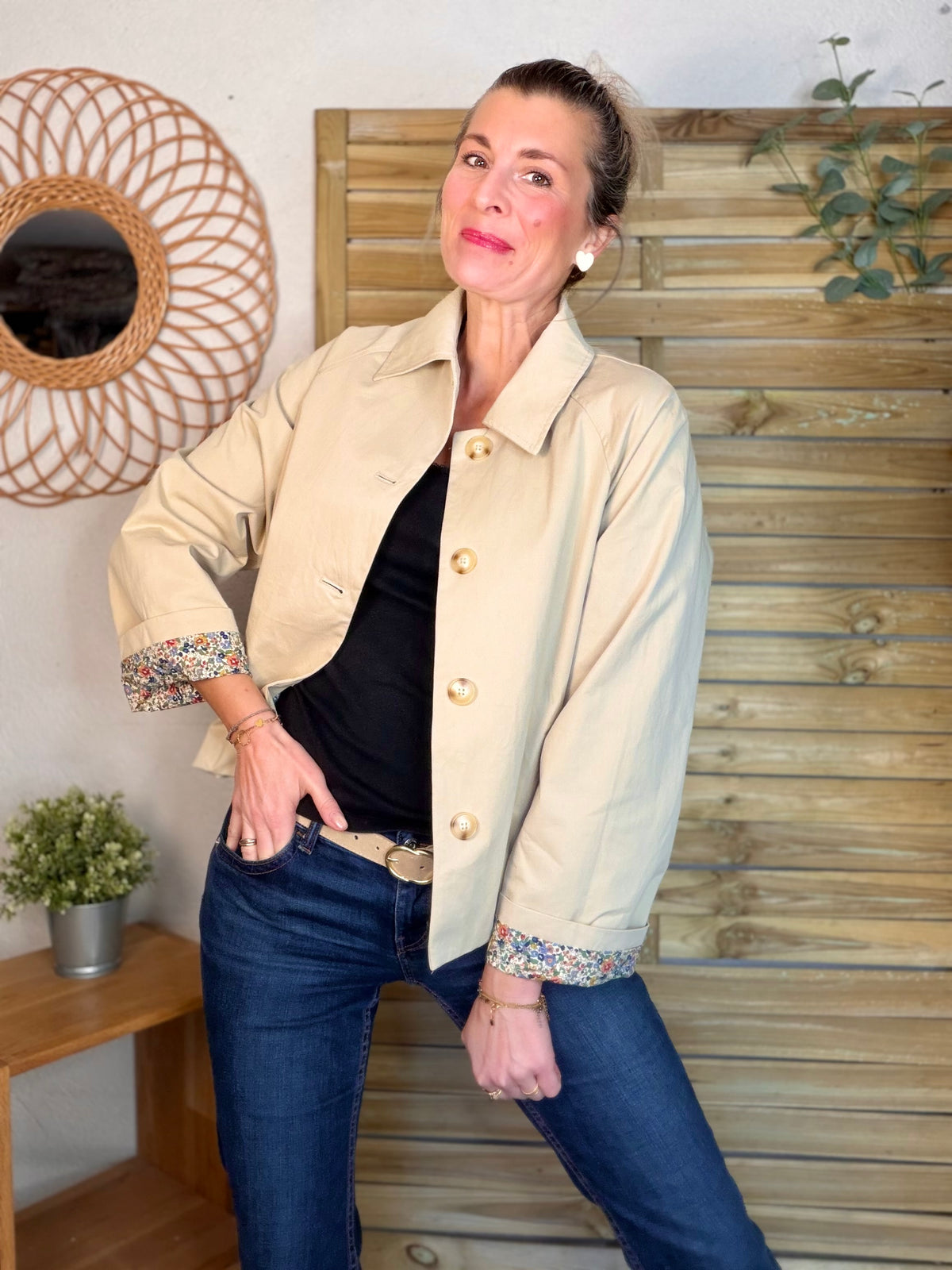 Veste Trench en coton beige avec Liberty - MARION (Taille 2 ans à la Taille XL)