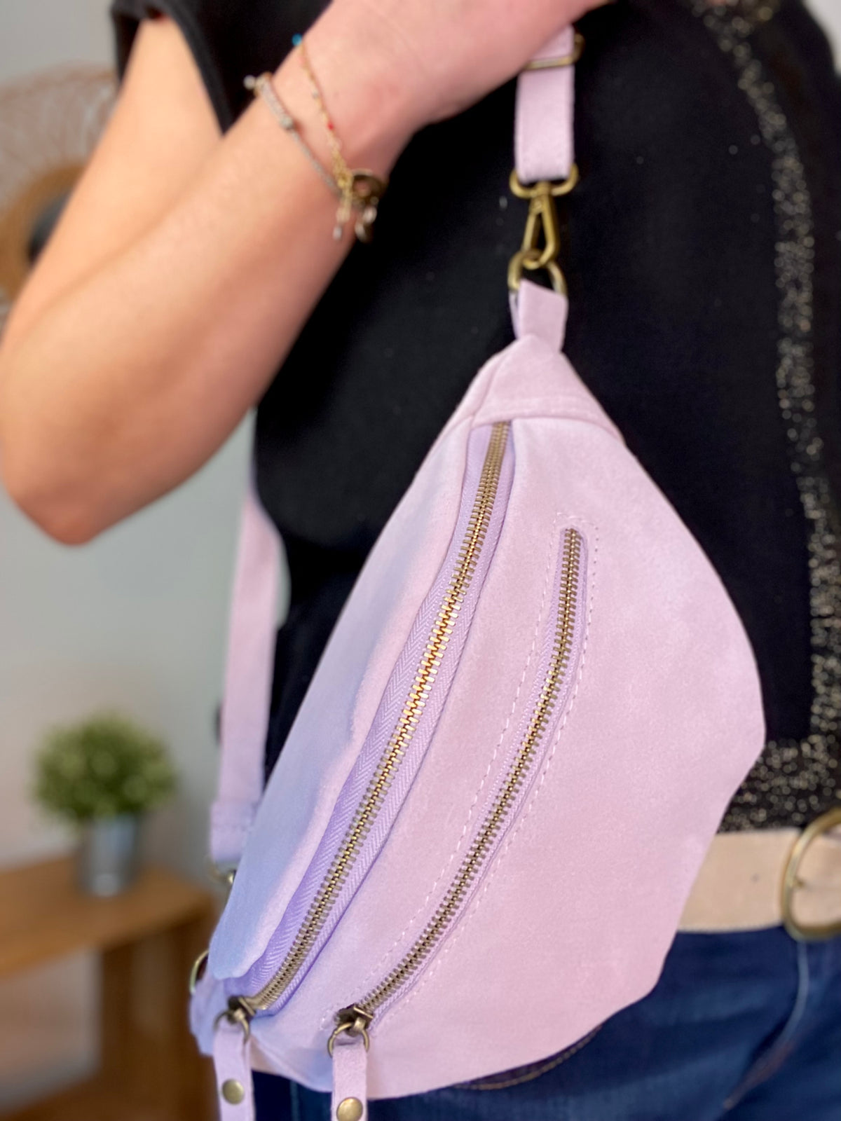 Sac banane double poche en cuir daim - OPALINE - Lilas