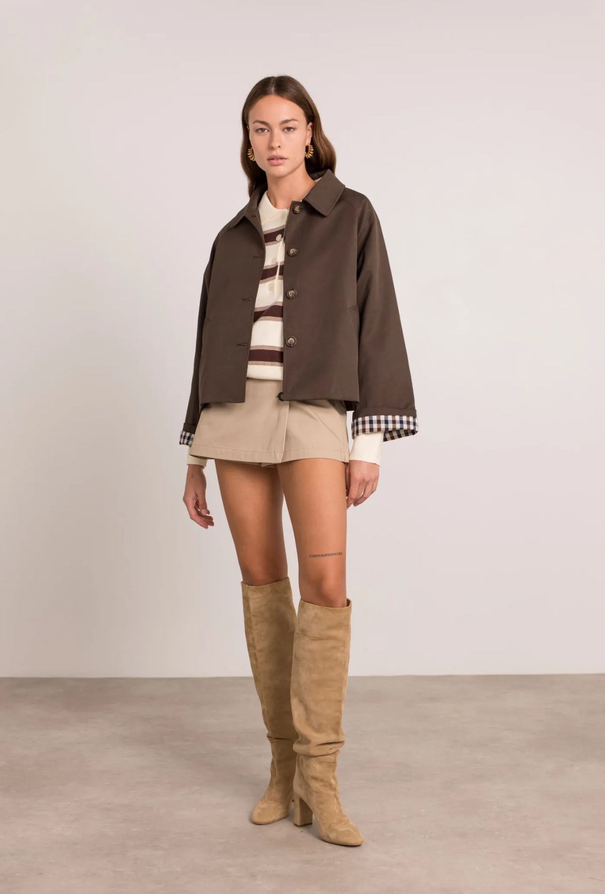 Veste Trench en coton, revers carreaux - YSEULT court Chocolat