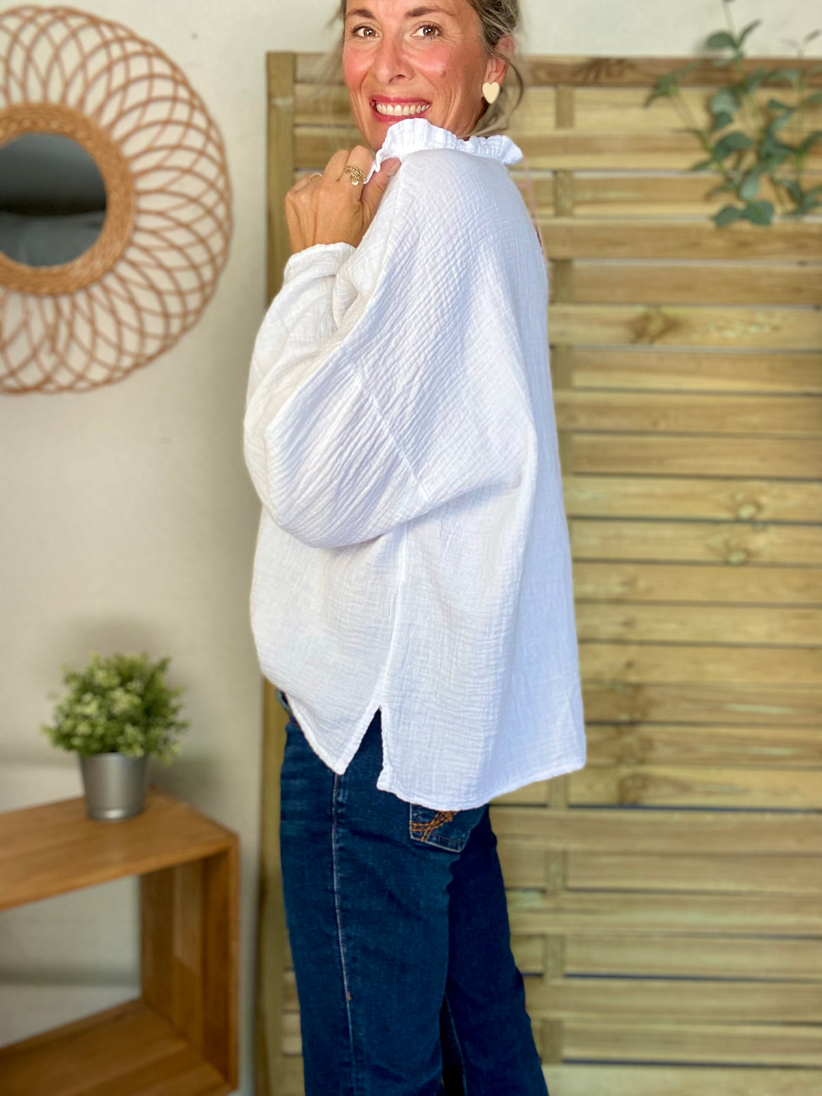 Blouse en gaze de coton SIERRA Blanche - manches longues • FIN DE SÉRIE