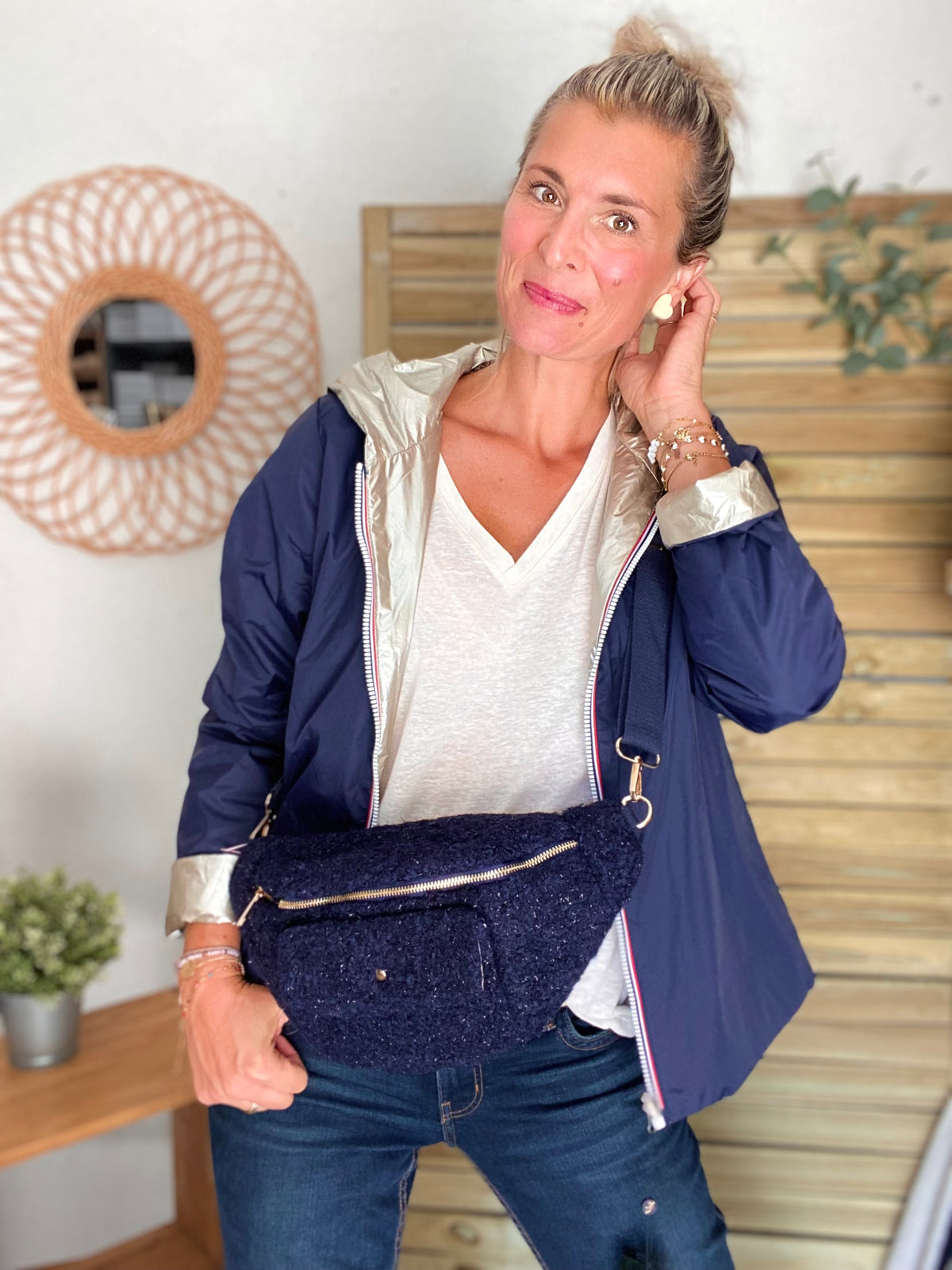 Sac banane XL moumoute lurex avec poche avant - CHELSEA - Marine - FIN DE SÉRIE