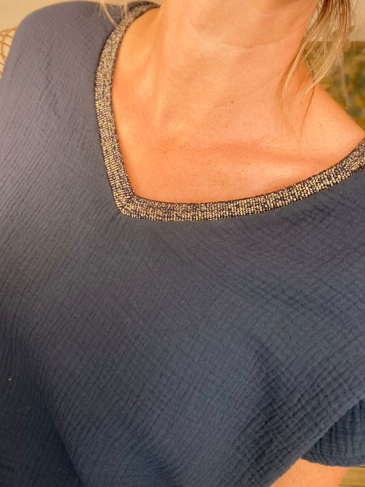 Top en gaze de coton et lurex MARTA - Bleu marine
