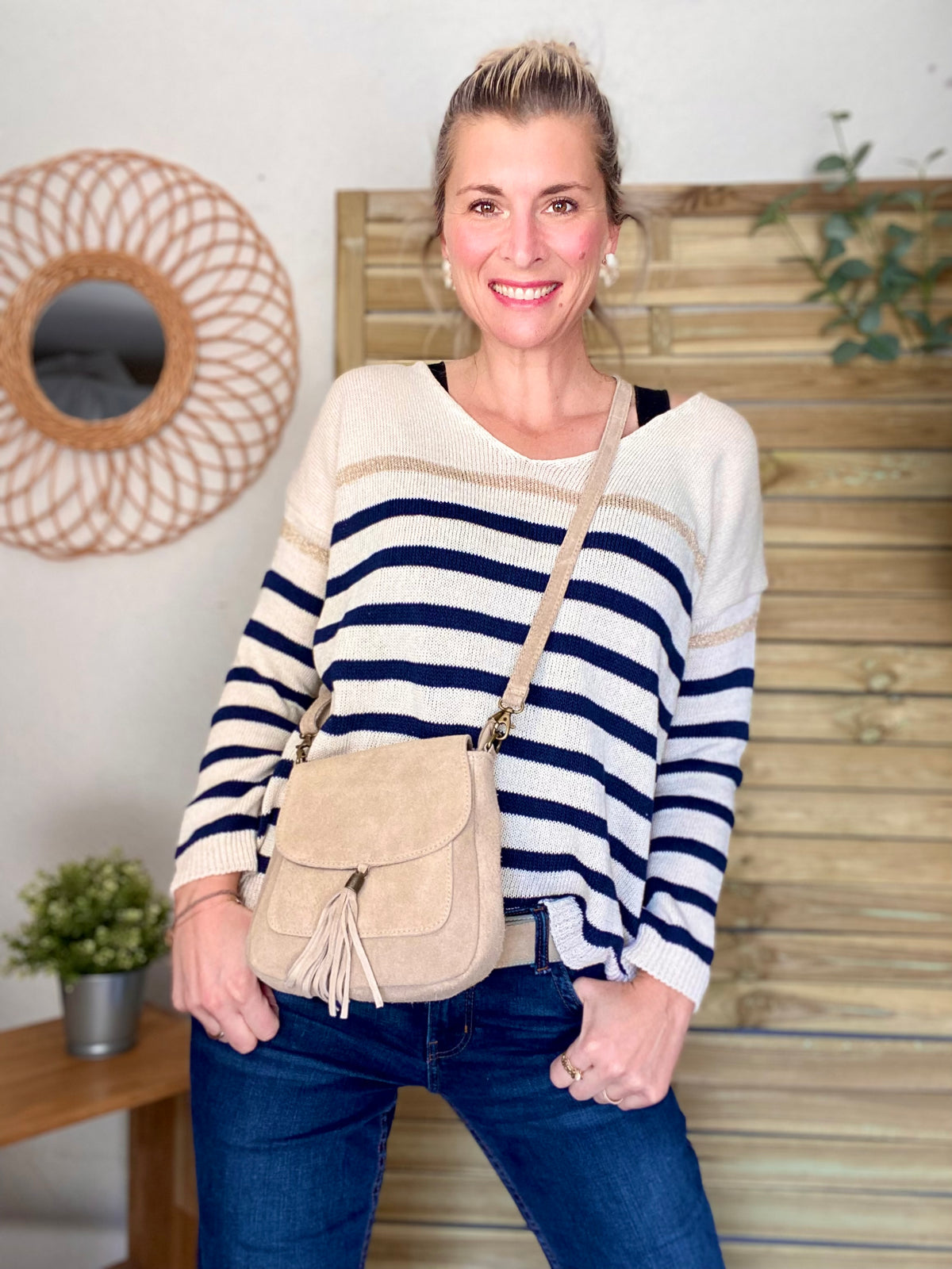 Sac bandoulière en cuir daim HORTENSE - Beige - FIN DE SÉRIE