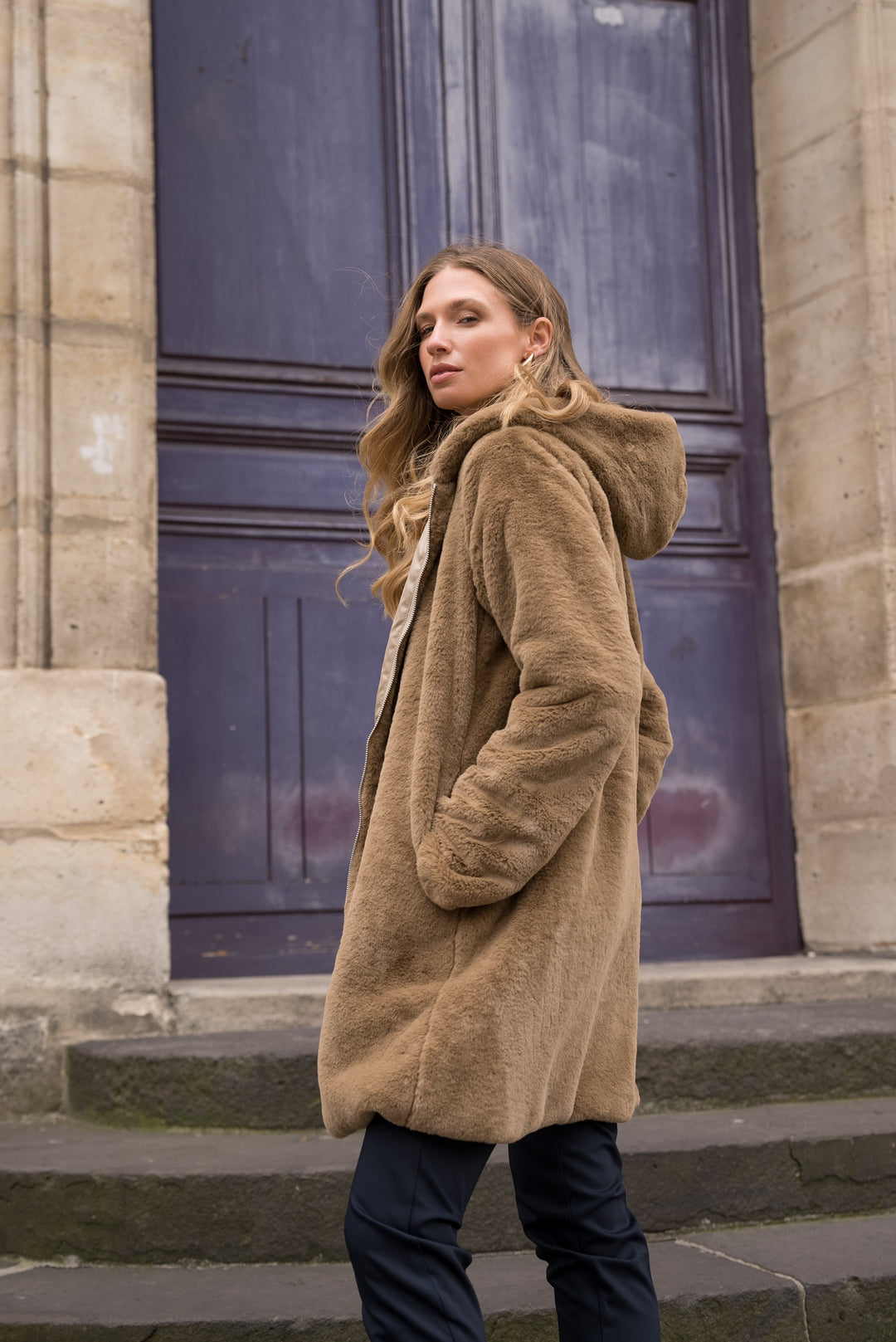 LAURA JO - Parka Imperméable réversible fourrée Sable irisé / Camel ALIX Long