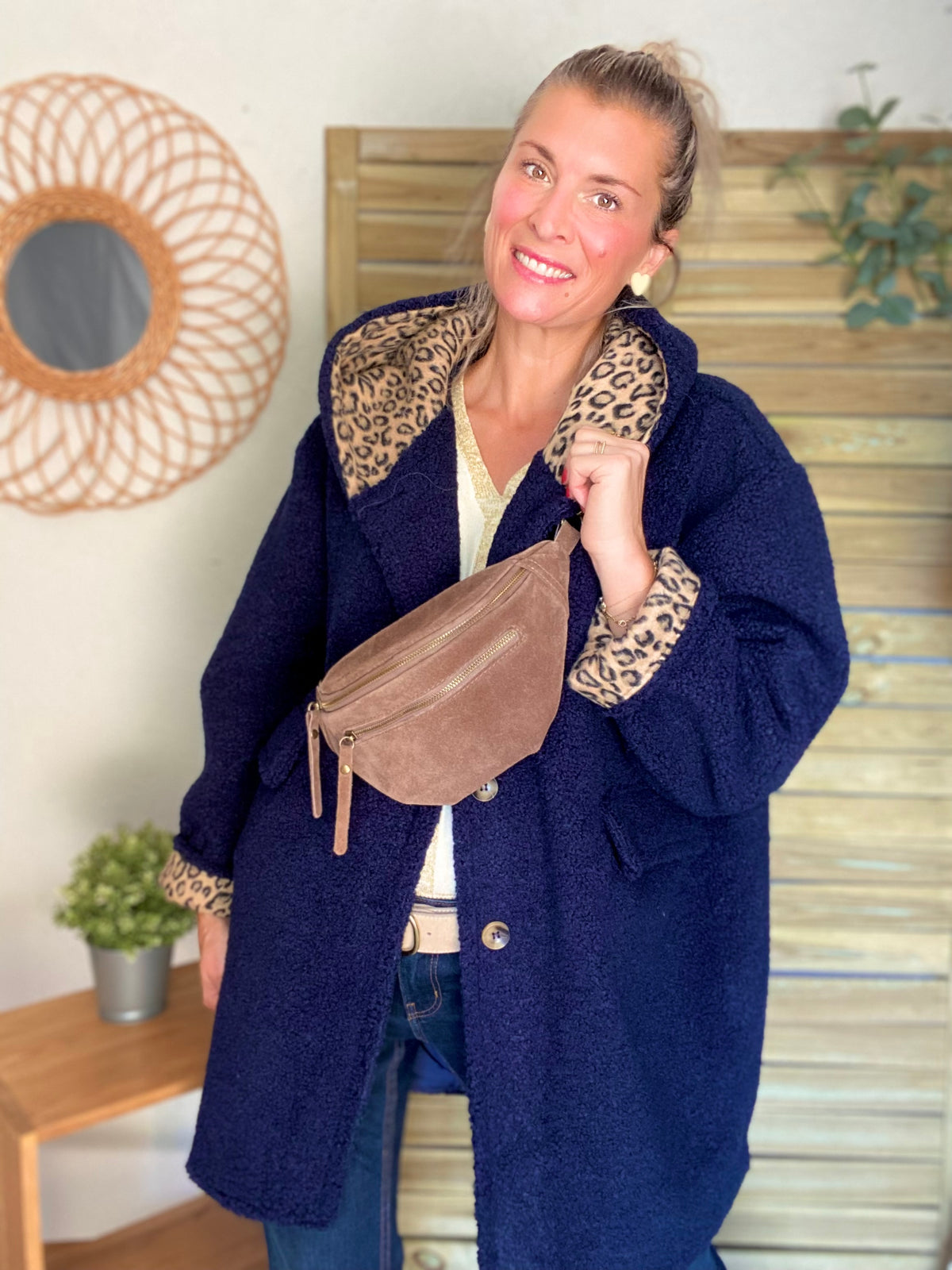 Sac banane double poche en cuir daim - OPALINE - Taupe