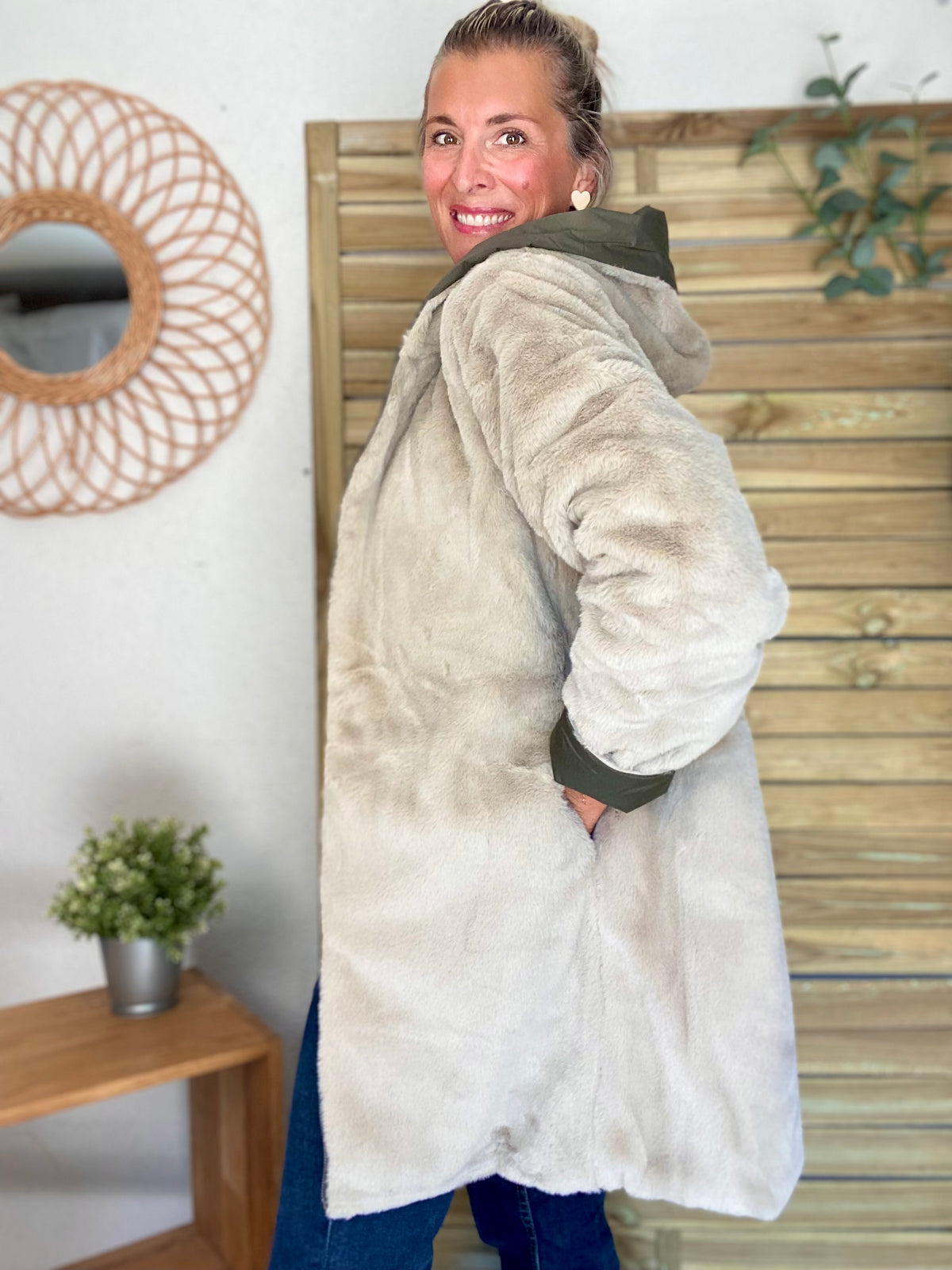 LAURA JO - Parka Imperméable réversible fourrée Kaki / Beige ALIX Long
