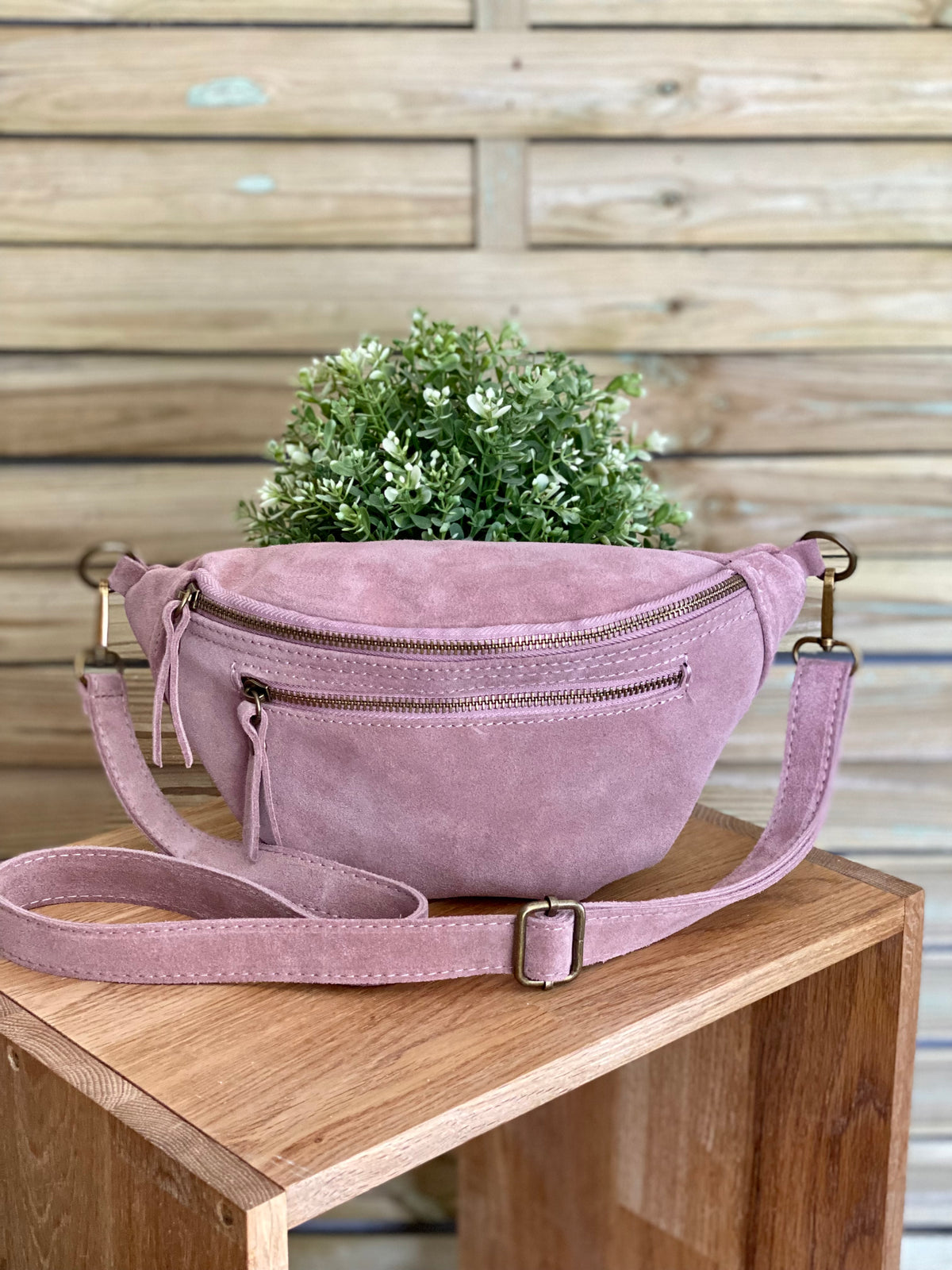 Sac banane double poche en cuir daim - OPALINE - Rose clair / Vieux rose