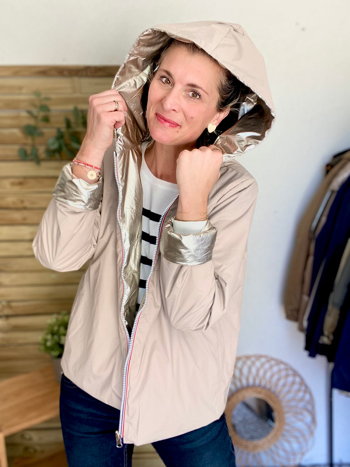 LAURA JO - Imperméable réversible rembourré LOUISON COURT - Beige / Doré • DÉSTOCKAGE sur Taille XL
