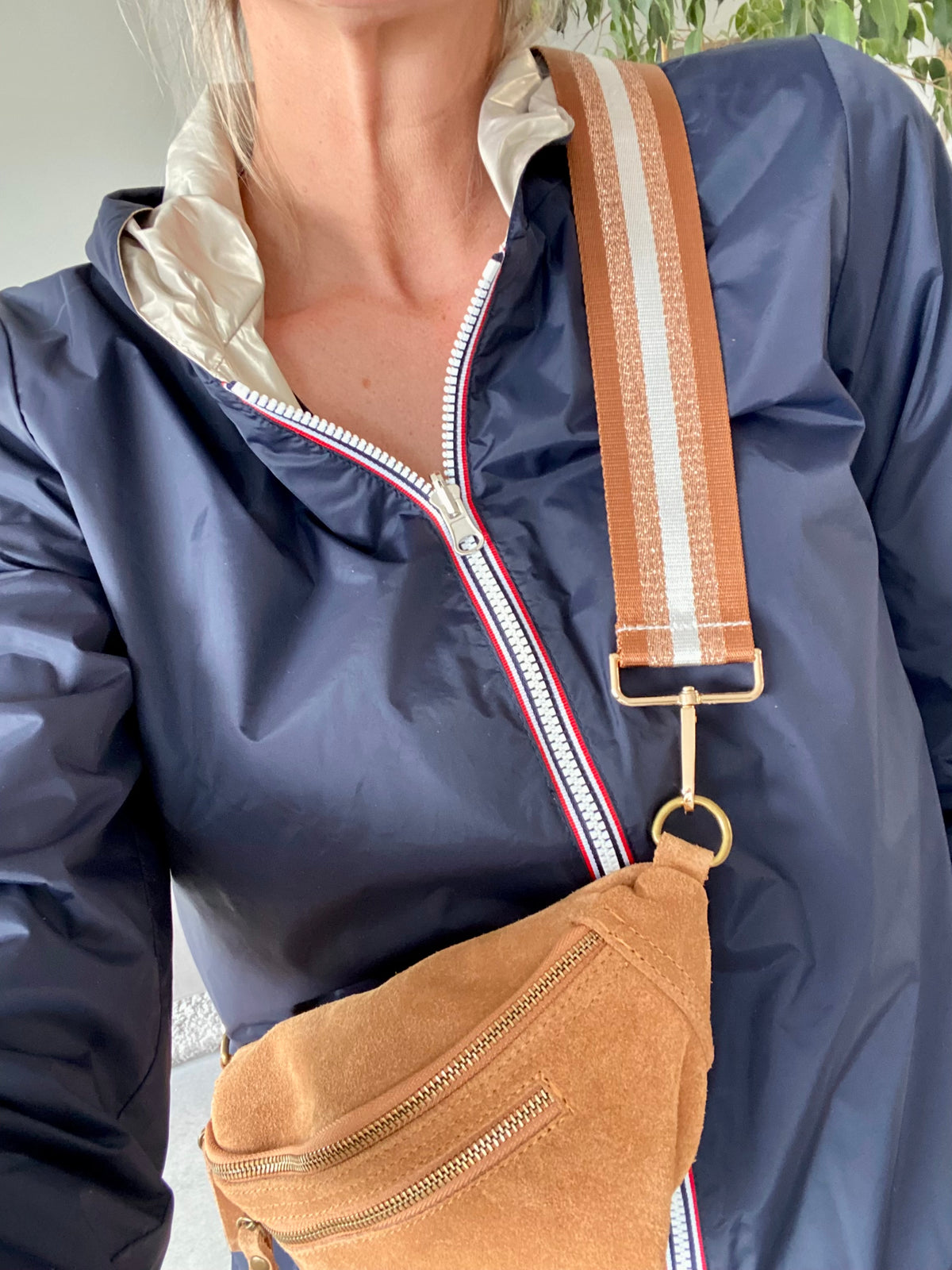 Sac banane double poche en cuir daim - OPALINE - Camel