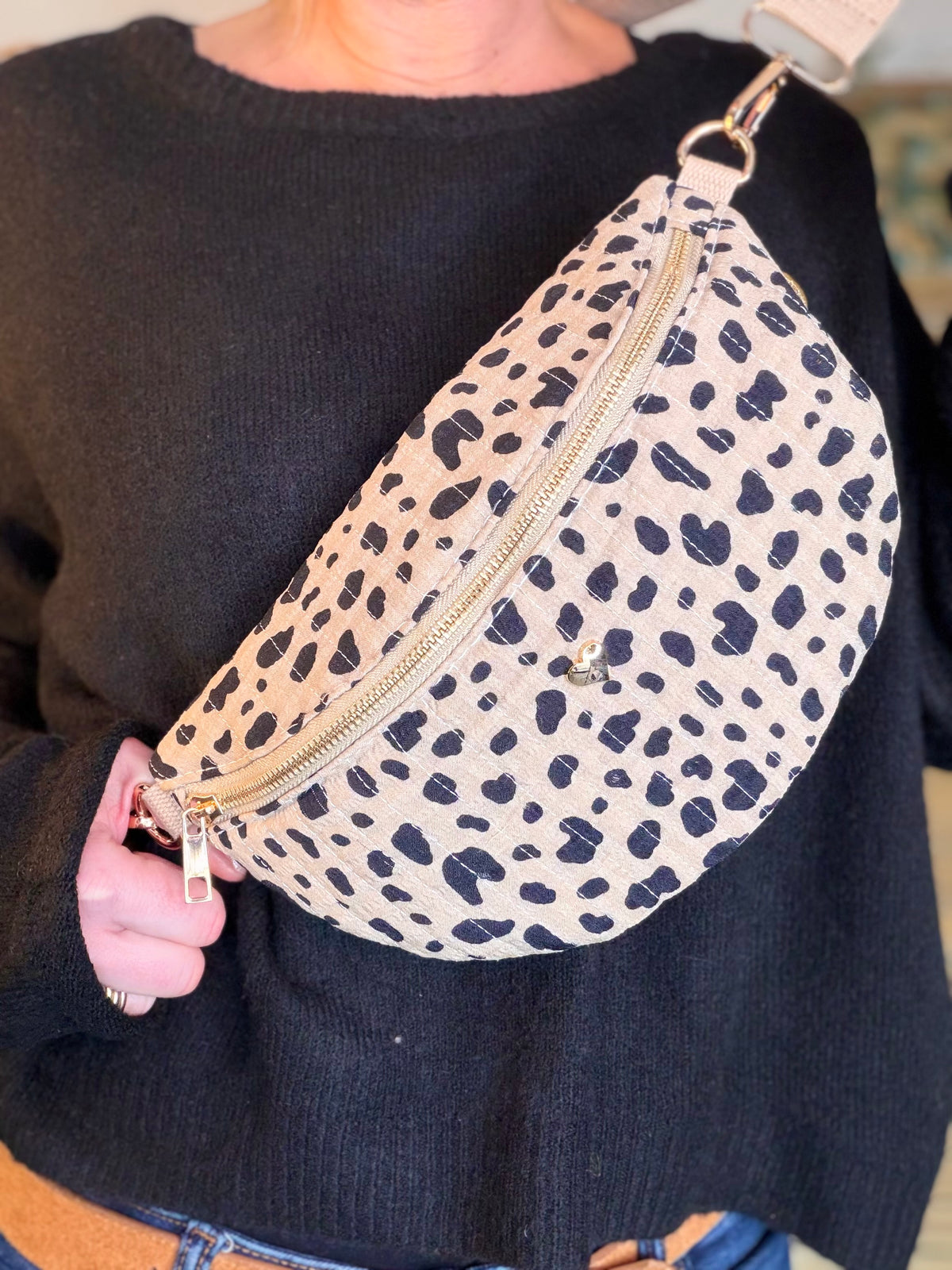 Sac banane L matelassé cœur doré 💛 JOSIE - Tacheté taupe