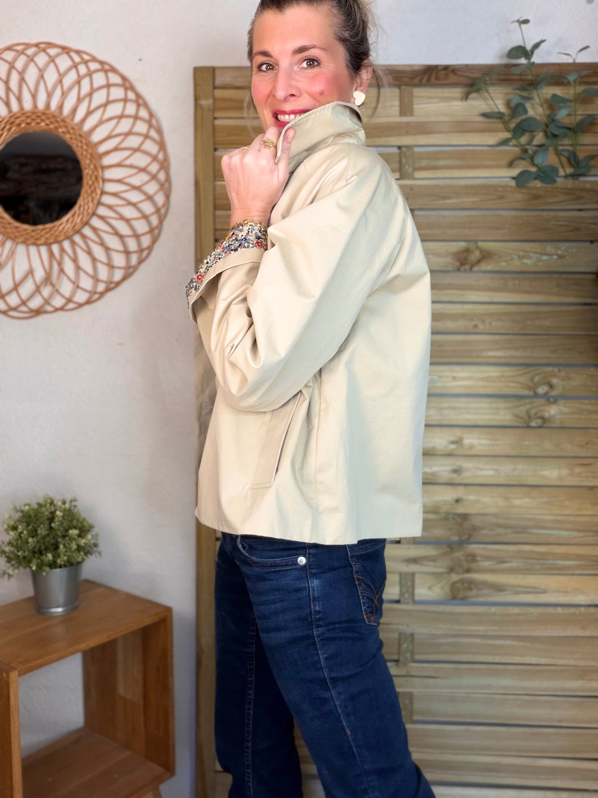 Veste Trench en coton beige avec Liberty - MARION (Taille 2 ans à la Taille XL)