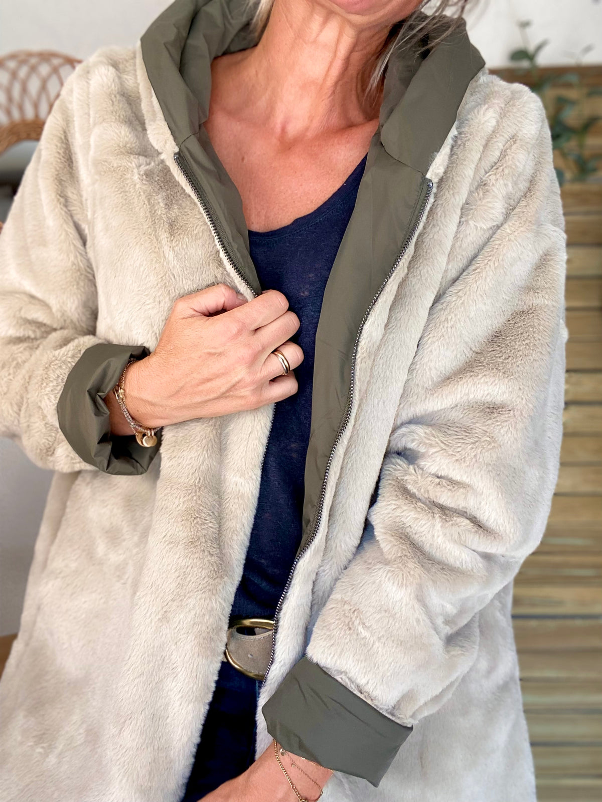 LAURA JO - Parka Imperméable réversible fourrée Kaki / Beige ALIX Long