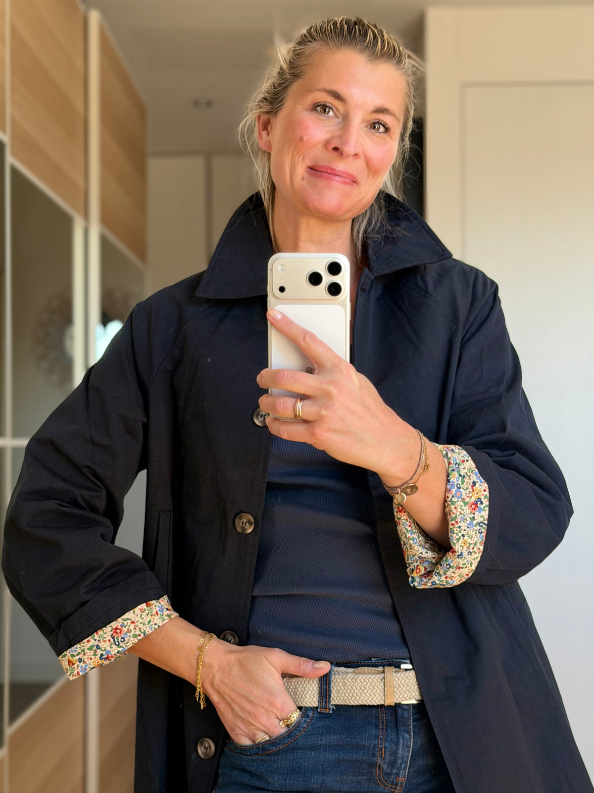 Veste Trench en coton Bleu marine avec Liberty - MAHAUT MI LONG - LILI et LALA (DÉSTOCKAGE sur Taille S)