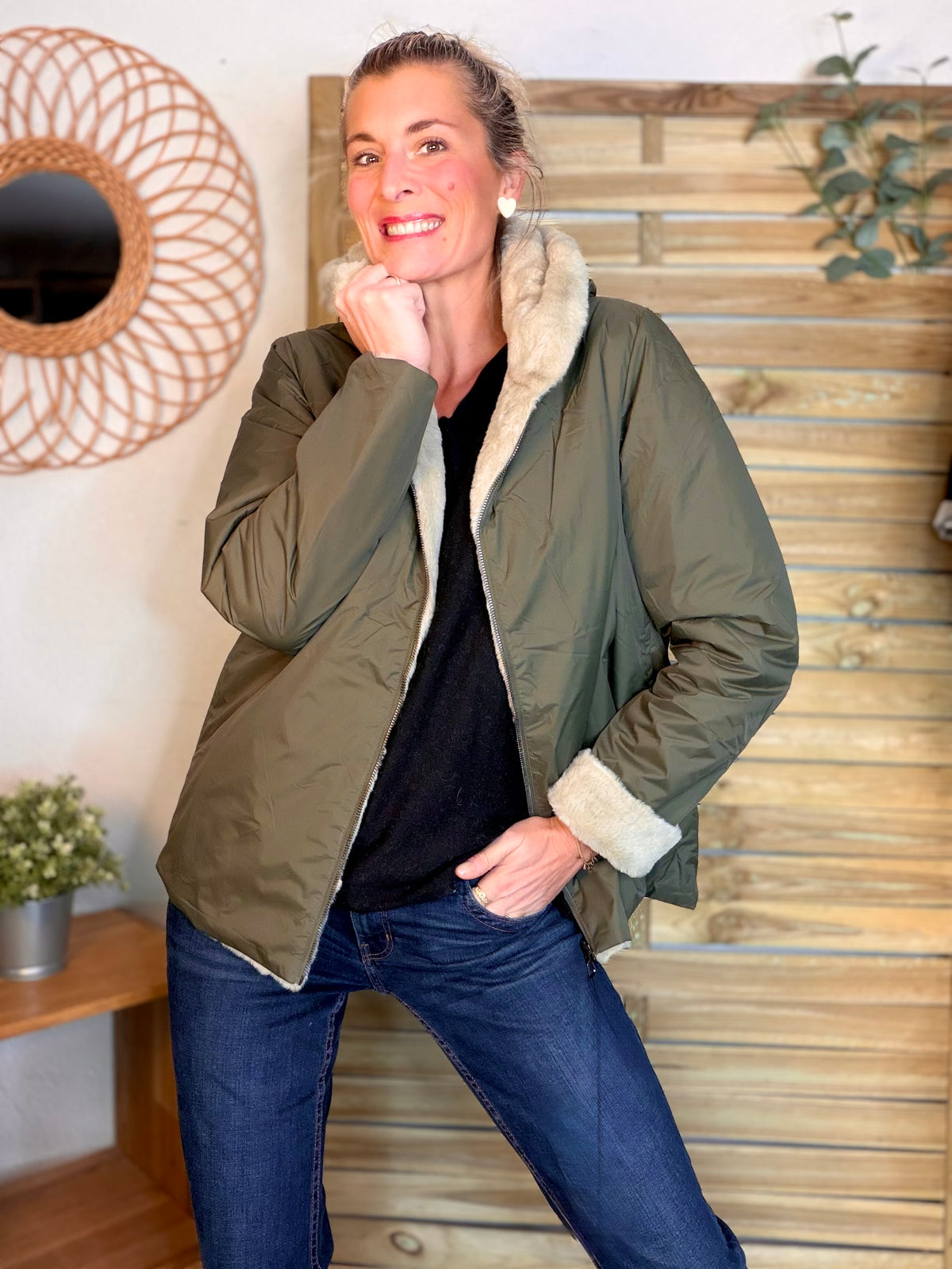 LAURA JO - Parka Imperméable réversible fourrée Kaki / Beige ALIX Court