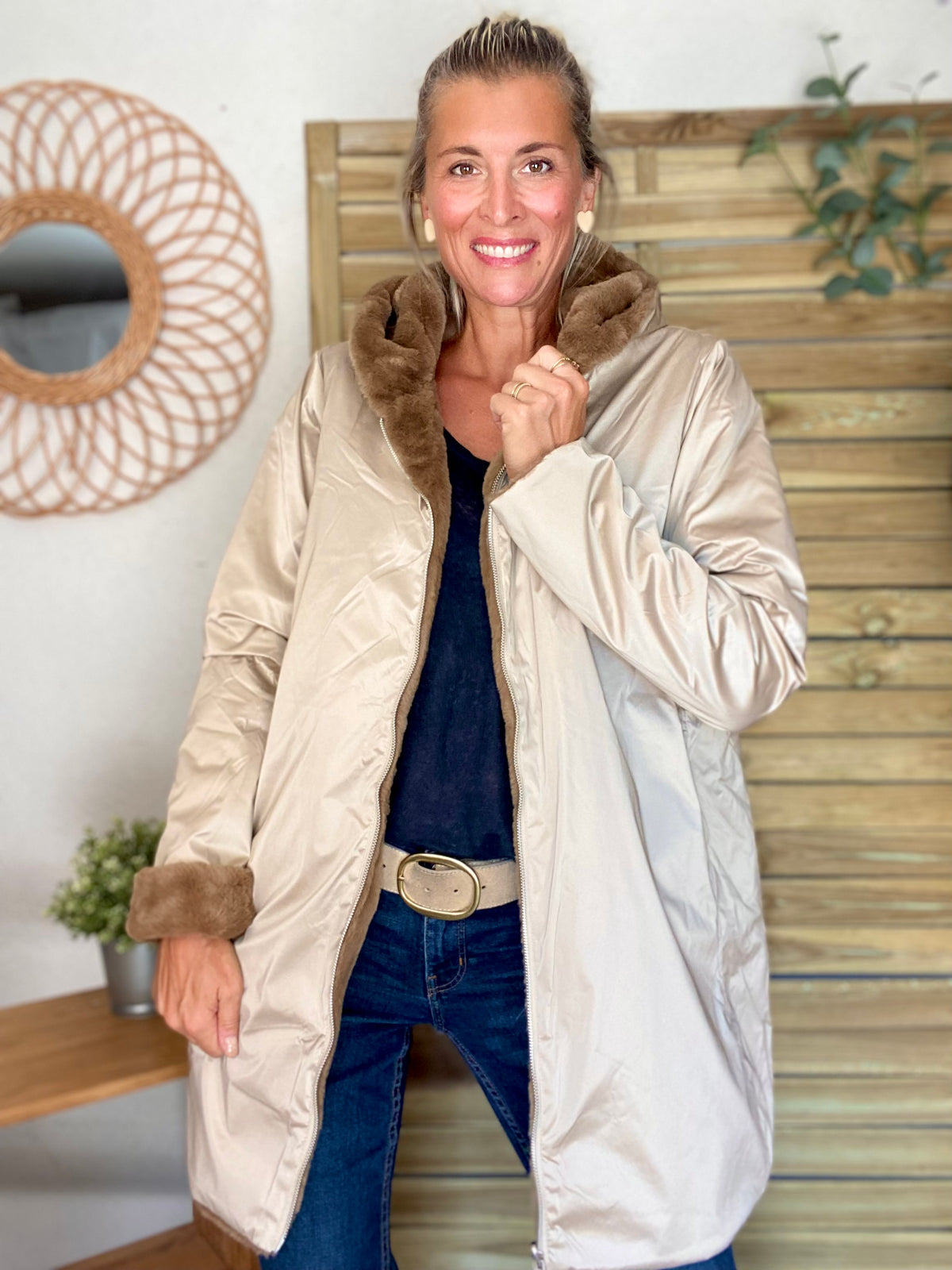 LAURA JO - Parka Imperméable réversible fourrée Sable irisé / Camel ALIX Long