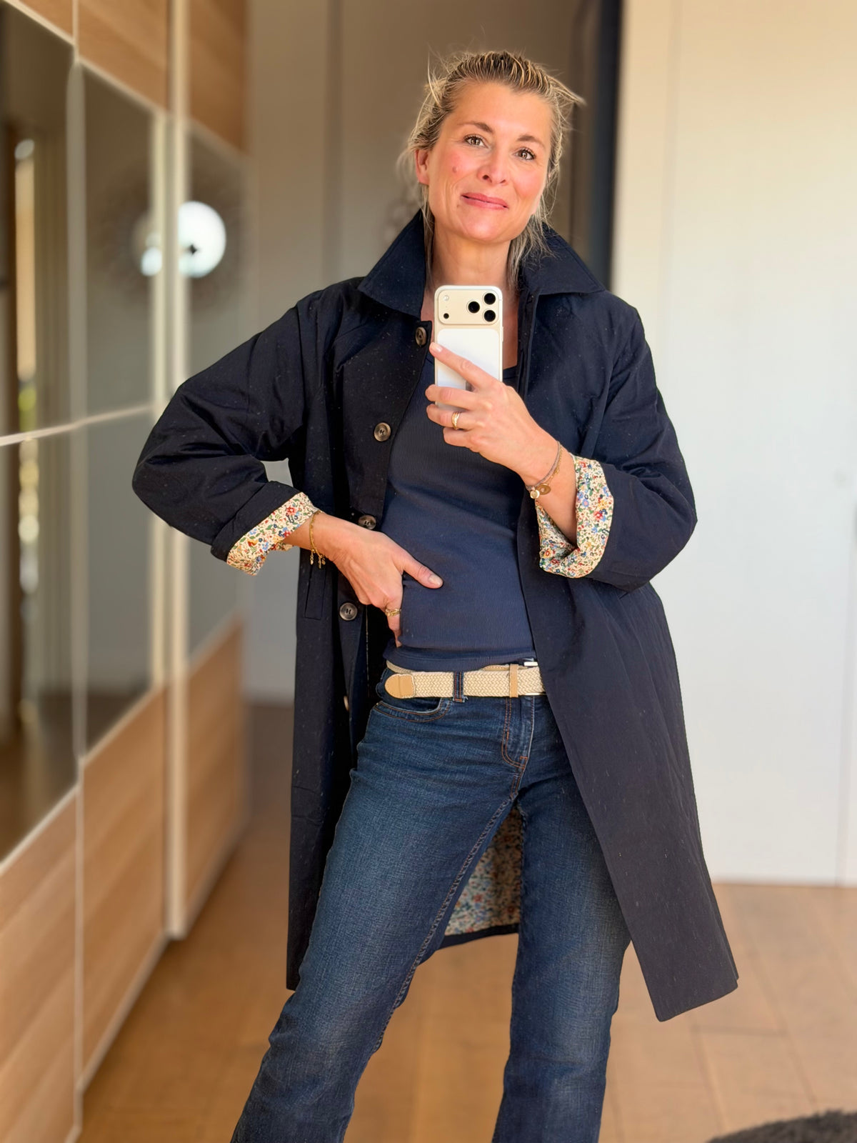 Veste Trench en coton Bleu marine avec Liberty - MAHAUT MI LONG - LILI et LALA (DÉSTOCKAGE sur Taille S)