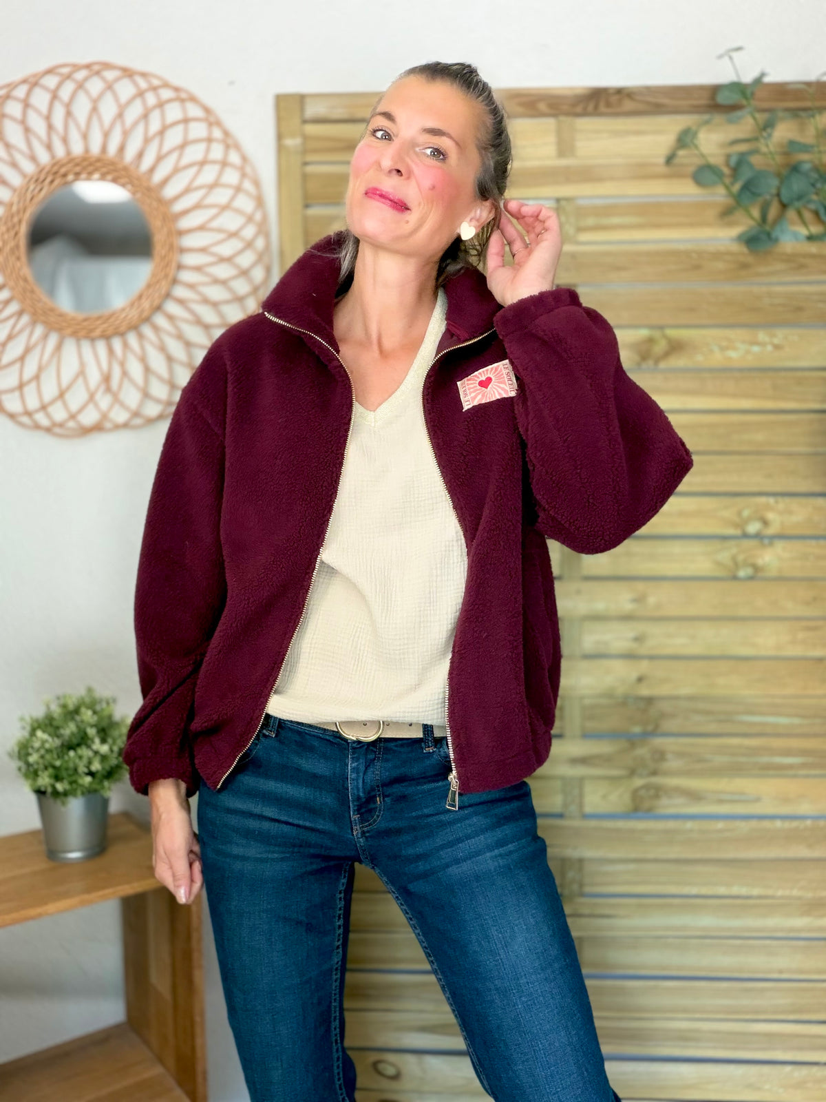 ⚡️ARRIVAGE • Veste teddy Sherpa zippée « Soleil » DORO Bordeaux