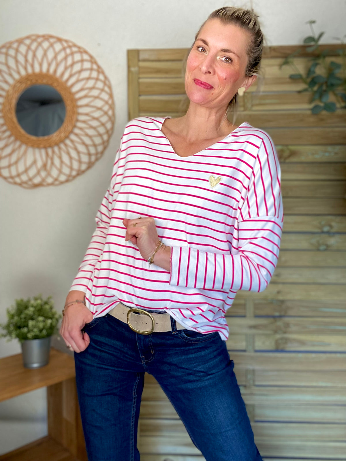 Pull fin rayé col V avec ou sans coeur doré 💛 NOLWENN - Rose fuschia
