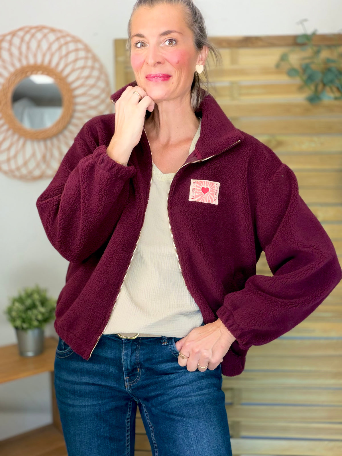 ⚡️ARRIVAGE • Veste teddy Sherpa zippée « Soleil » DORO Bordeaux