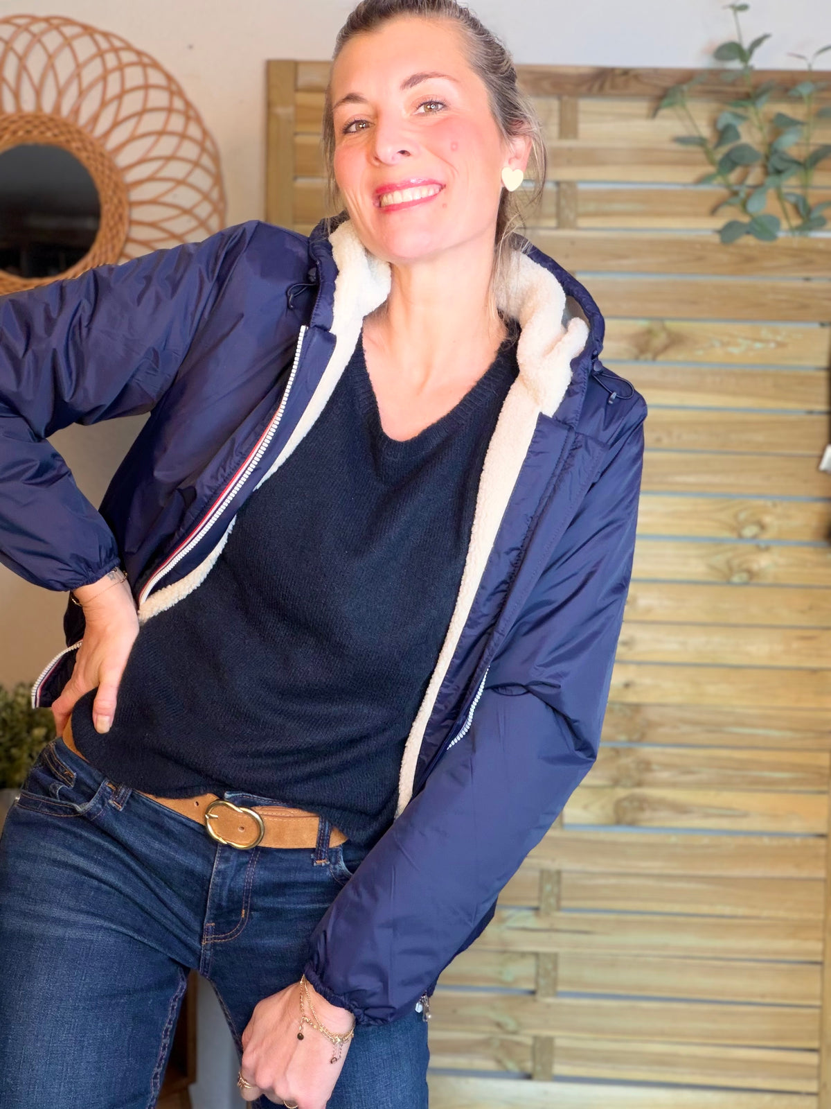 LAURA JO - Parka Imperméable LOUISE COURT sherpa - Bleu marine • DÉSTOCKAGE Taille L