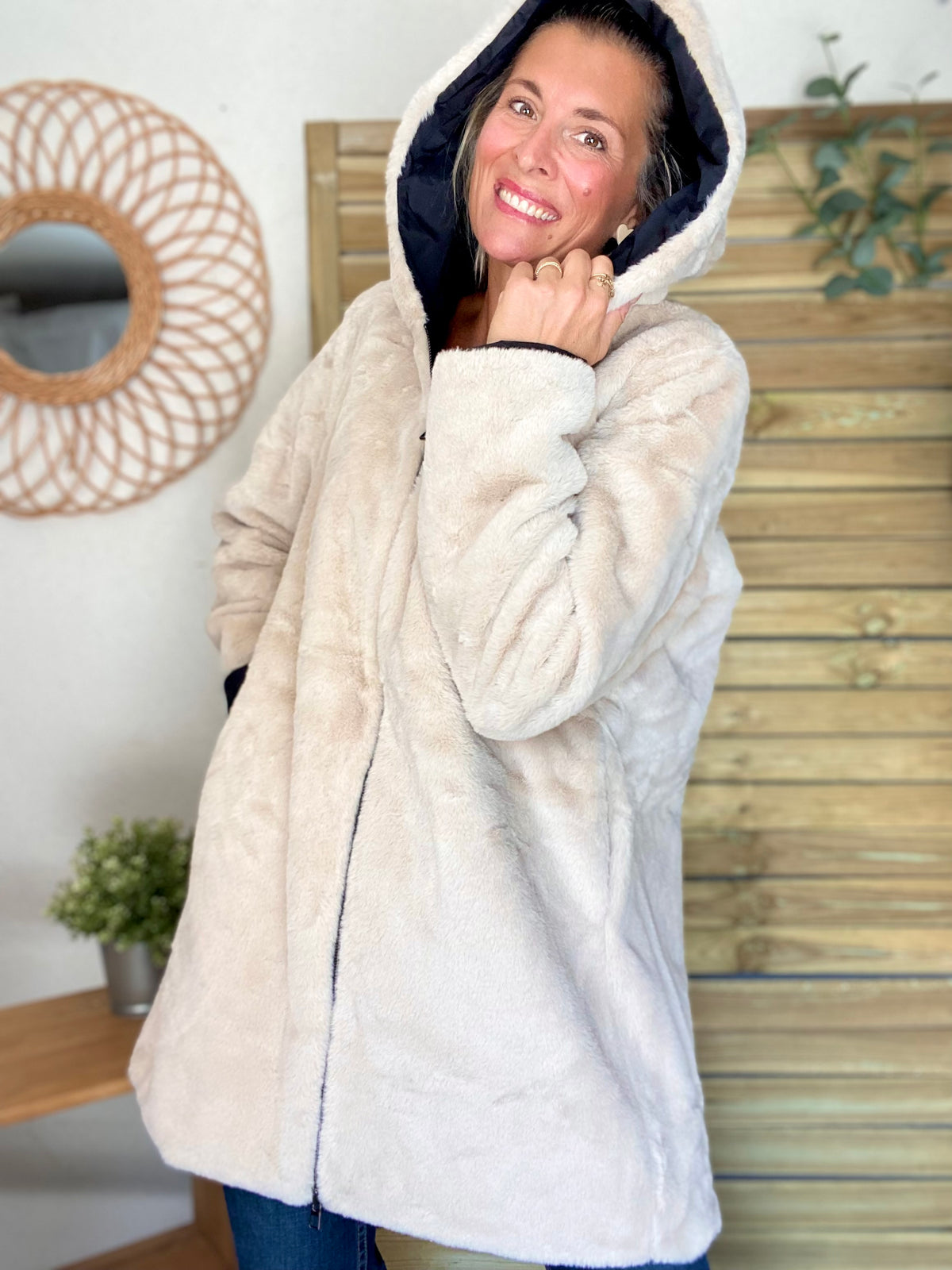 LAURA JO - Parka Imperméable réversible fourrée Noir / Beige ALIX long