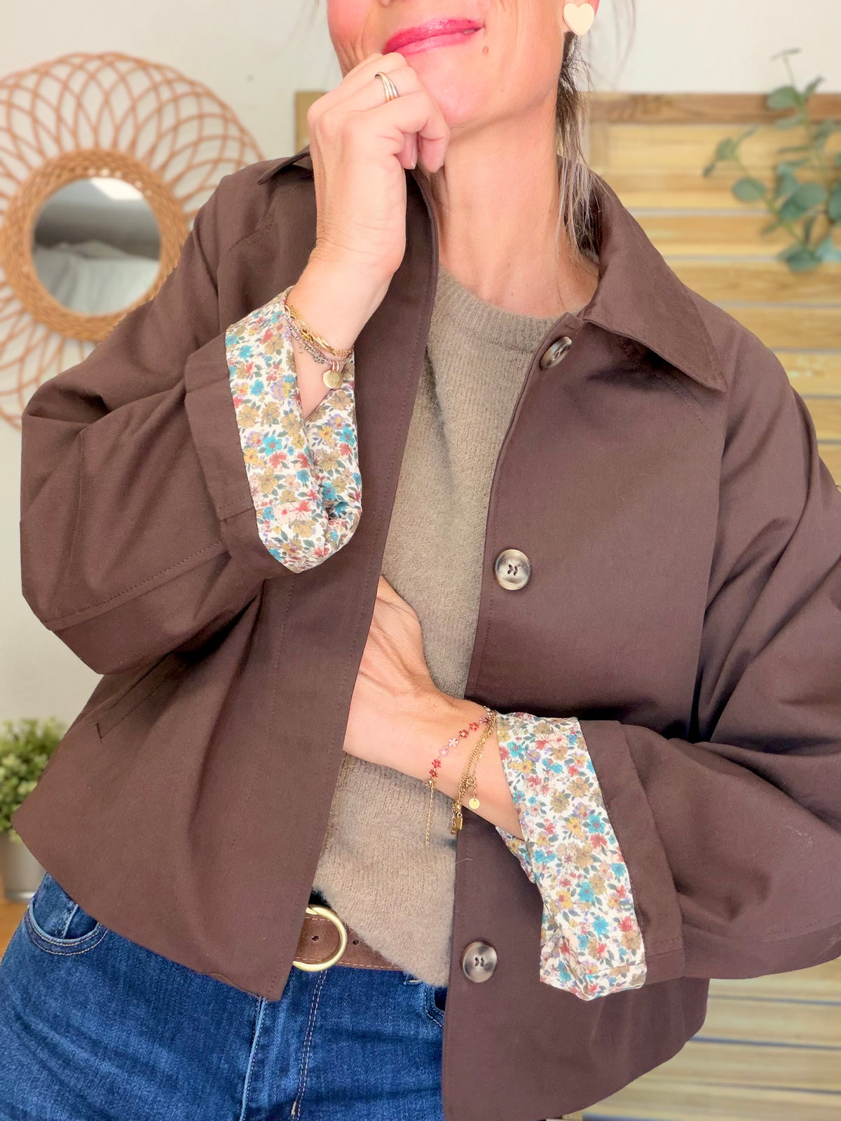 Veste Trench en coton Chocolat avec Liberty - MAHAUT - LILI et LALA