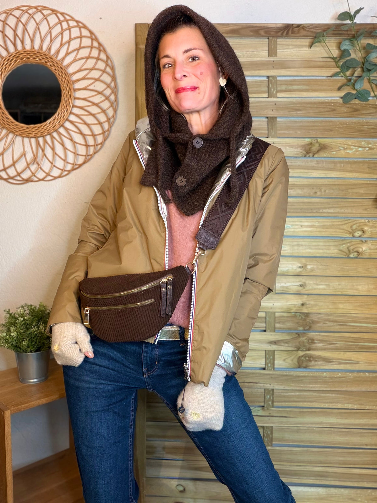 Col cagoule LORIE en maille avec boutons - Chocolat